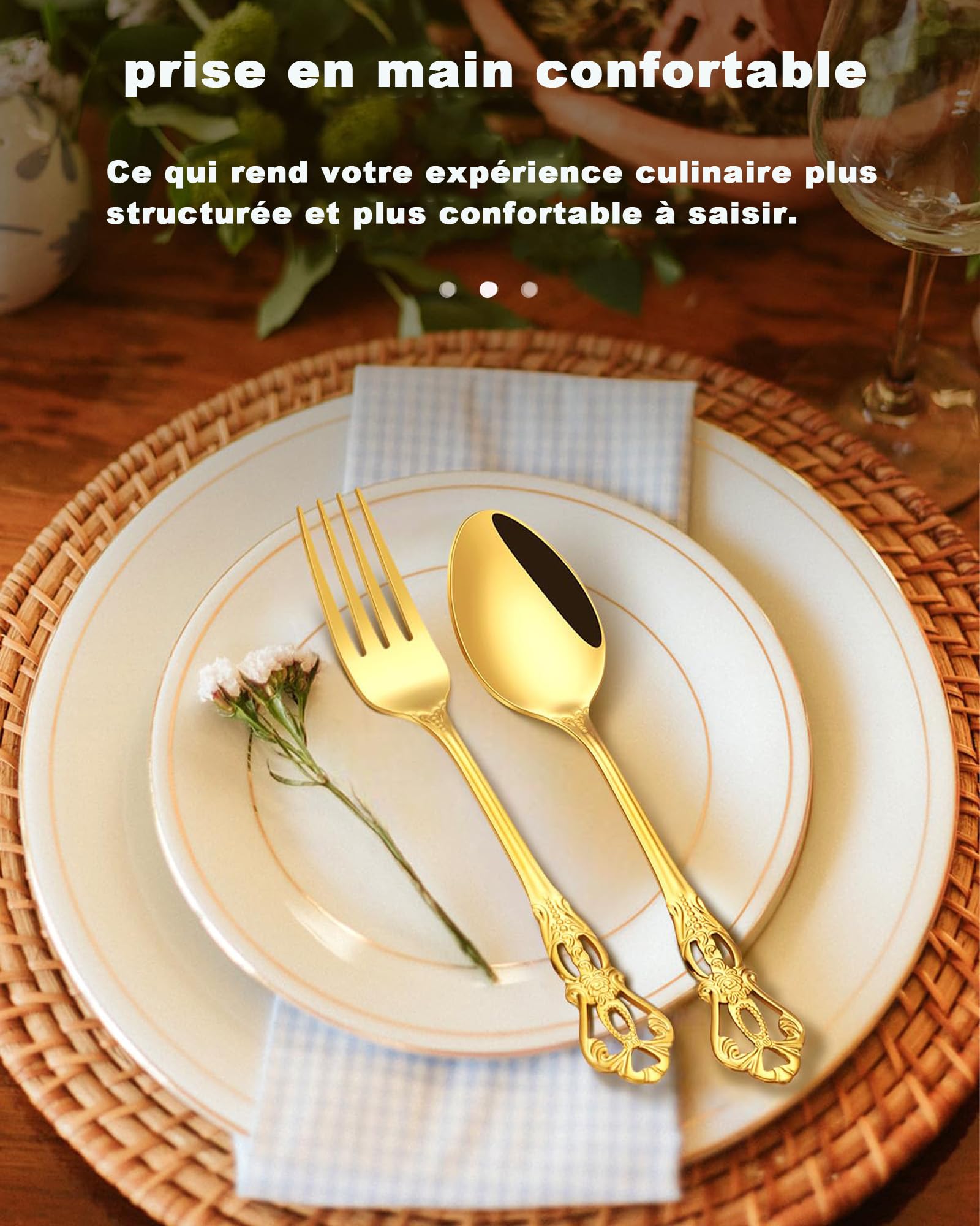 set couverts de table or 6 personnes Rétro royal, ensemble de couverts inox 24 pièces, se compose de couteaux/fourchettes/cuillères, finition Poli résistant, facile à nettoyer