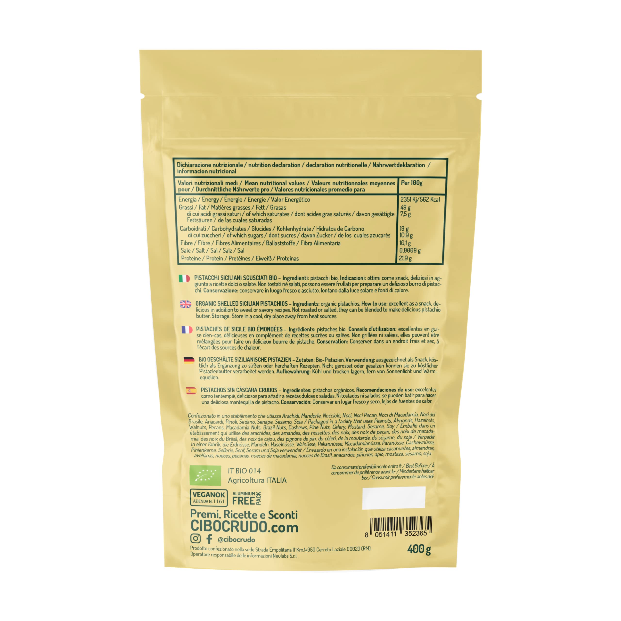 Pistacchi Sgusciati non Salati Biologici - 400g. Pistacchi Siciliani al Naturale non Tostati. Fonte di Acidi Grassi Fibre Vitamina E B1 B6 e Antiossidanti.
