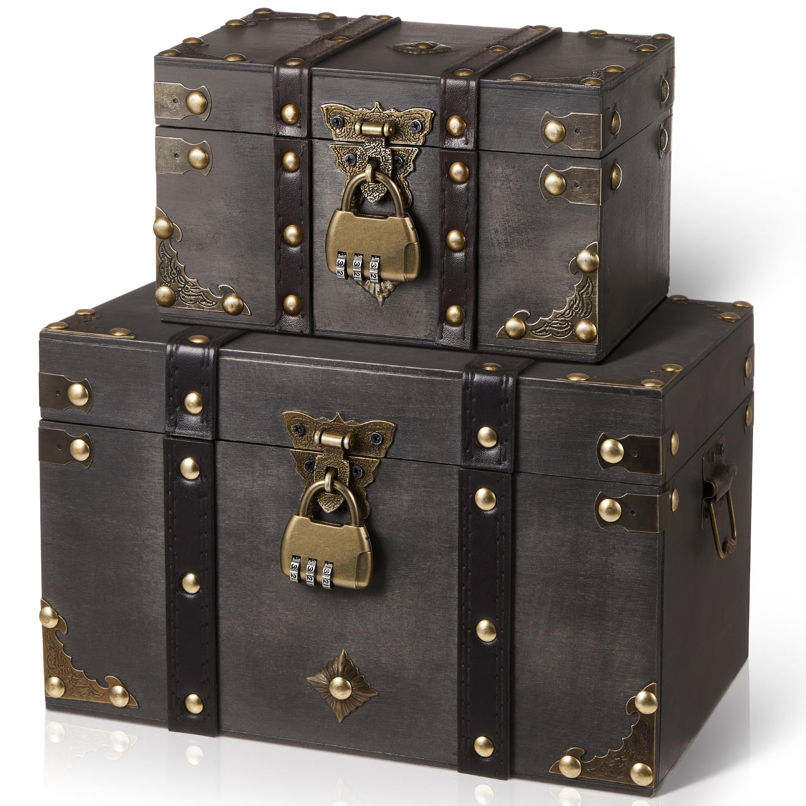 Vicenpal 2 Wooden Treasure Chest with Combination Lock, Vintage, Grey