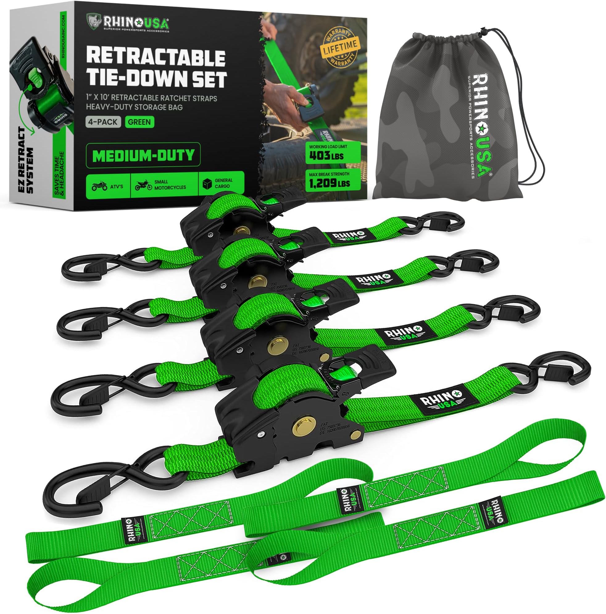 Retractable Ratchet Tie Down Straps (4PK) - 540kg Guaranteed Max Break Strength, Includes (4) Ultimate 2.5 cm x 3 m Autoretract Tie Downs with Padded Handles - Green