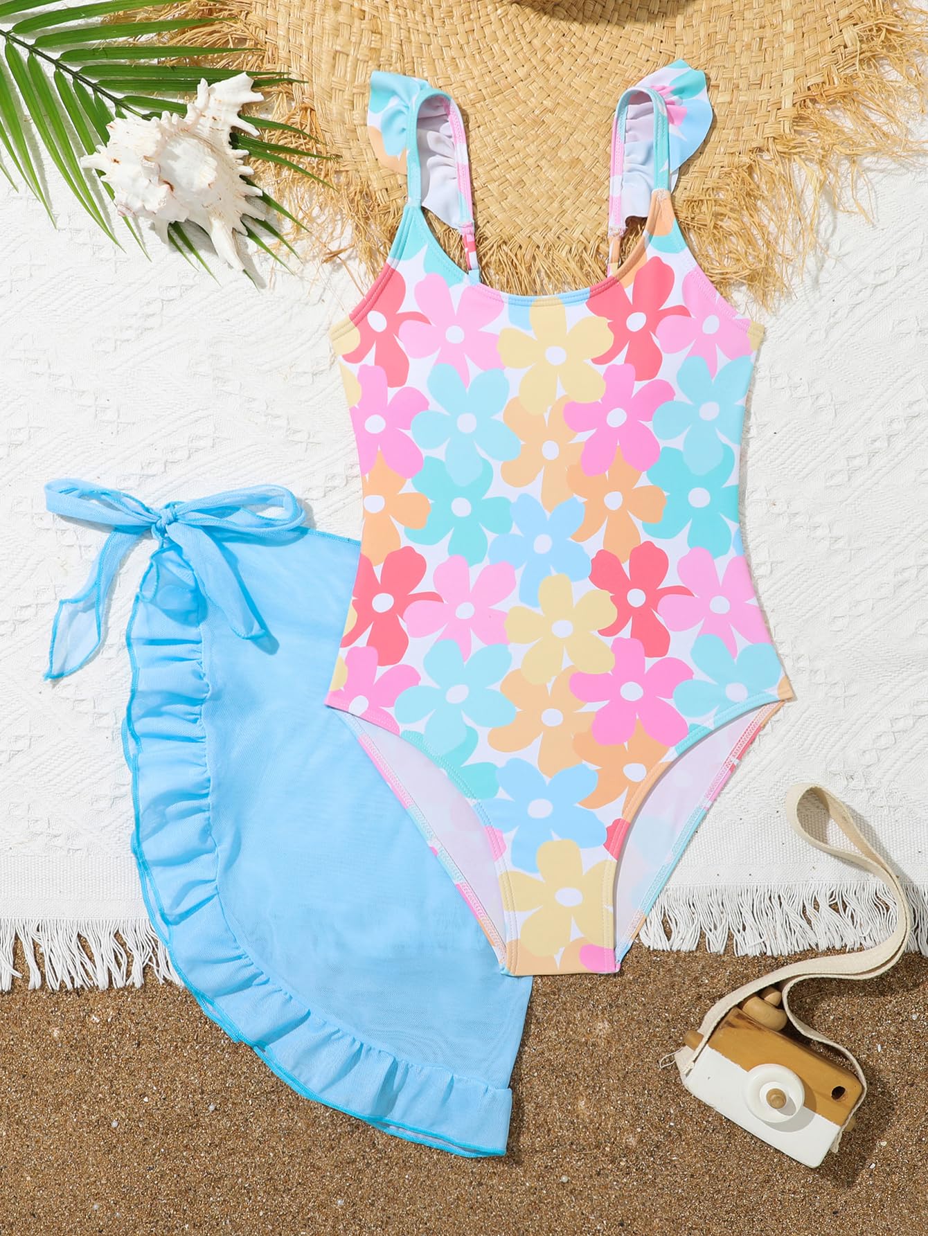 DivingBirds Traje de baño para niñas, traje de baño de dos piezas con falda, protección solar UV, traje de baño floral para niñas de 7 a 13 años
