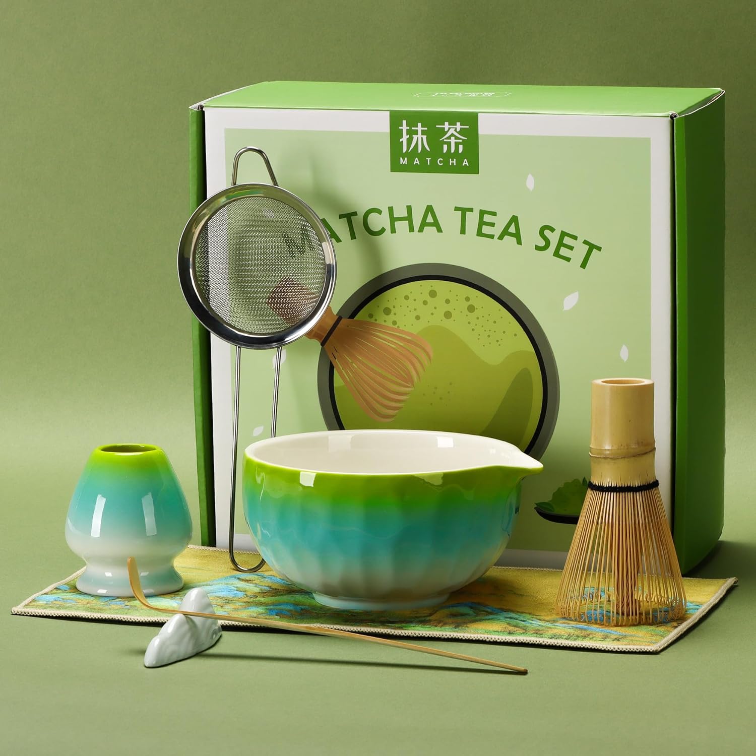 Matcha Tea Set 7 Pcs,Japanese Ceramic Bowl,Bamboo Matcha Whisk (Chasen), Scoop (Chashaku),Stainless Steel Sifter,Whisk Holder (yellow blue),Tea Towel