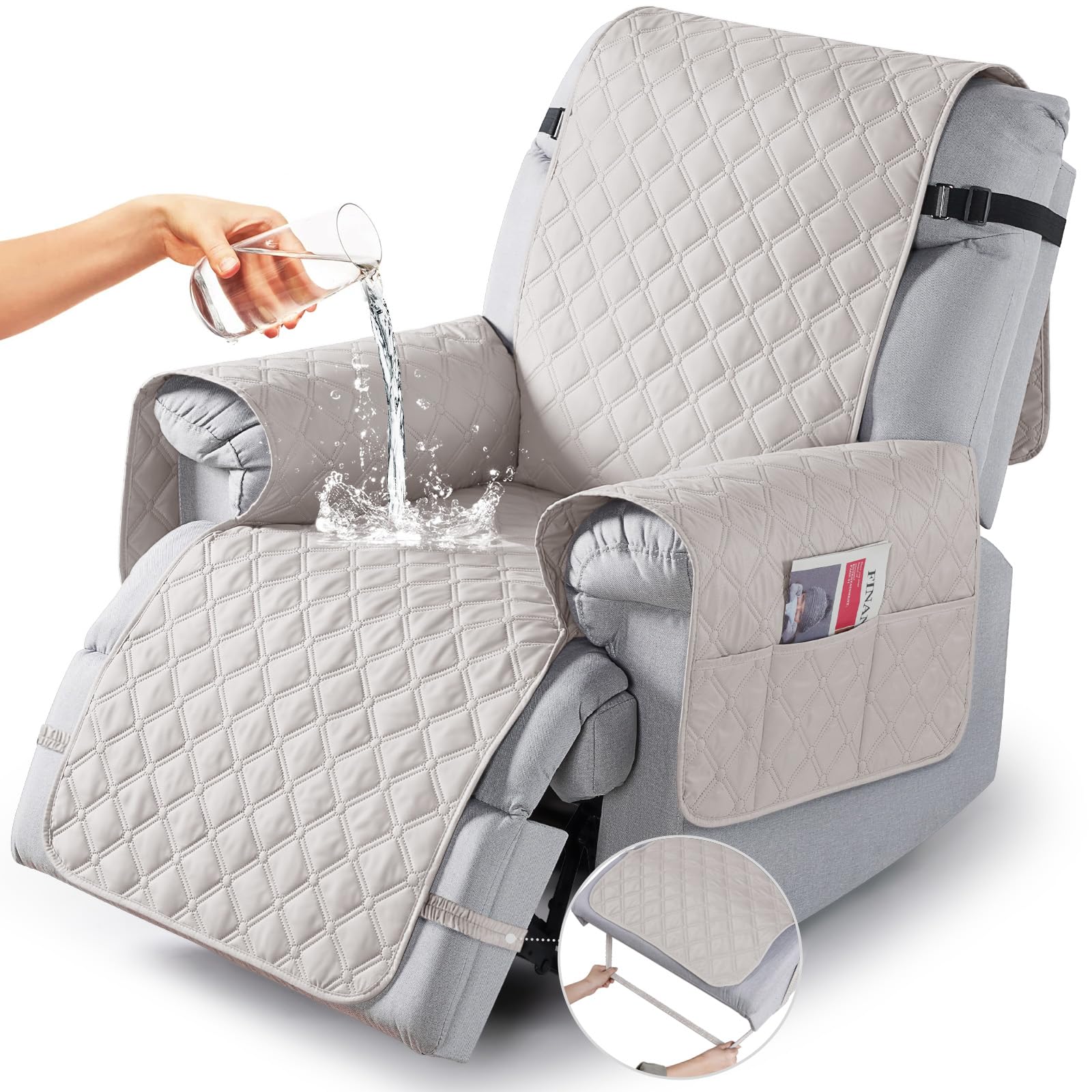 TAOCOCO 100% Waterproof Recliner Chair Covers with Leg Straps, Recliner Cover Reversible for Reclining Chair with Pocket, Washable Chair Cover for Recliners for Pets, Dogs(Recliner Chair, Off White)