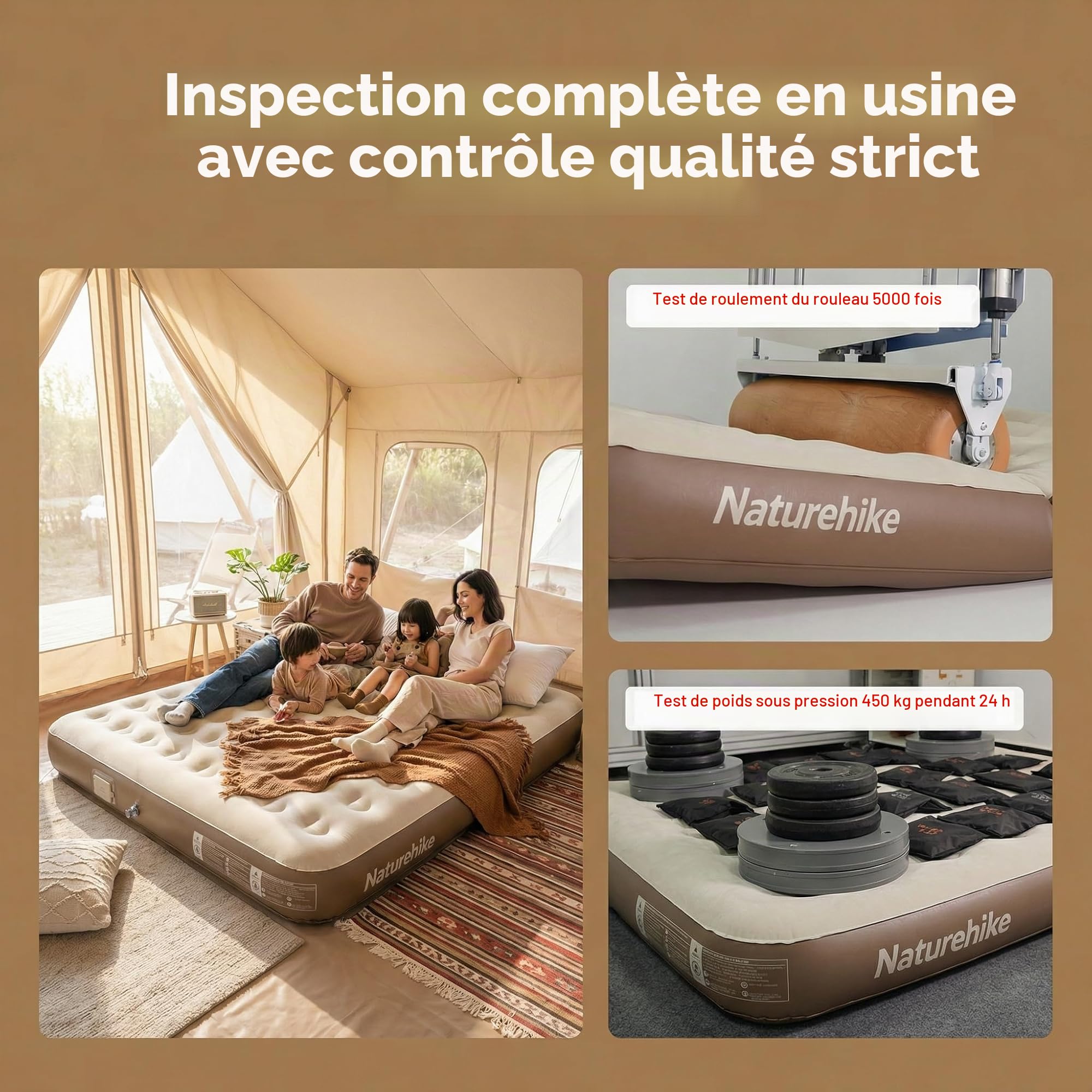 Naturehike ChenjIng Matelas gonflable Convient pour un usage domestique et le camping 213 x 182 x 25 cm (Extra Large-Marron-3 personnes)