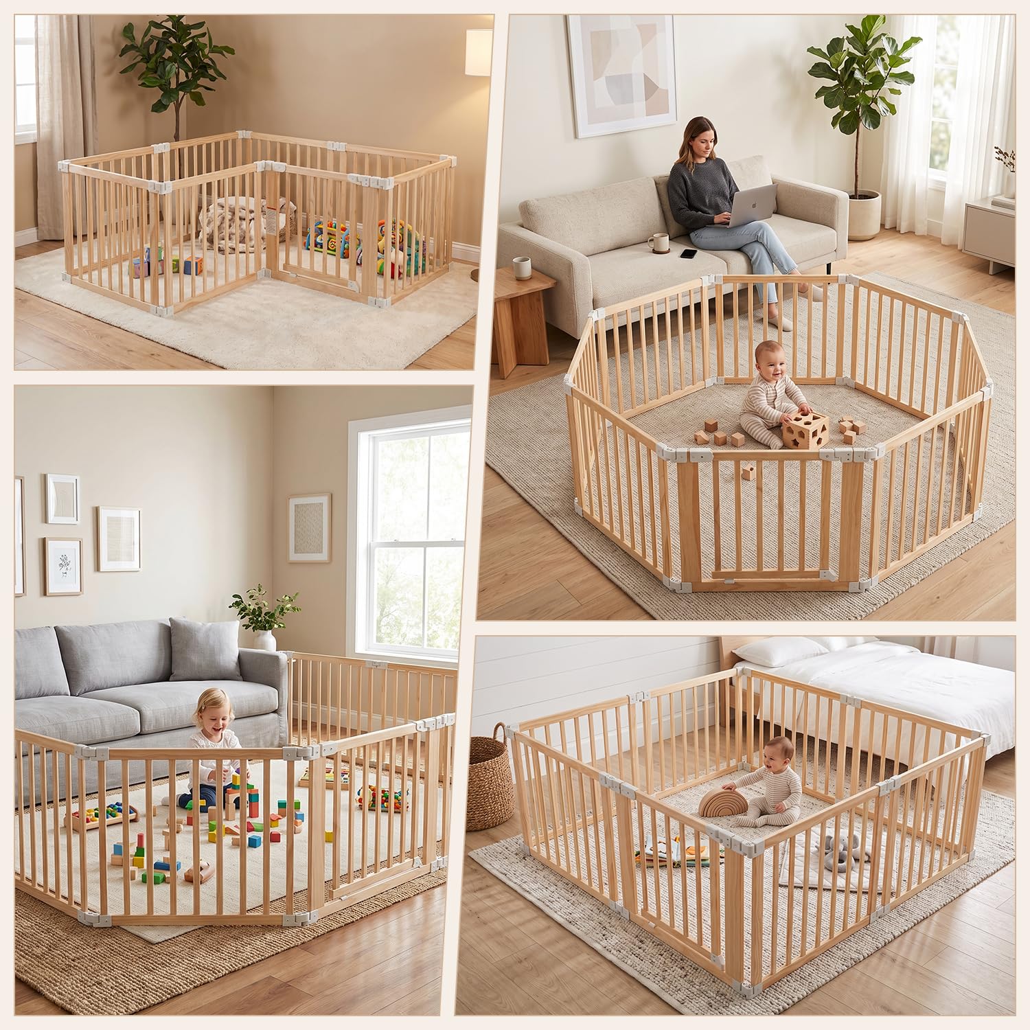 Ihoming Wooden Baby Playpen, Wooden Playpen8-Panel Adjustable 61"x61"x25" Kids Activity Center with Safety Lock, Easy Assembly Indoor Outdoor Play Yard for Toddlers
