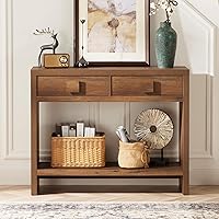 ONBRILL 40 Inch Mid Century Modern Console Table with 2 Drawers & Open Shelf - Narrow Entryway Hallway Behind Couch Table (Vintage Brown)