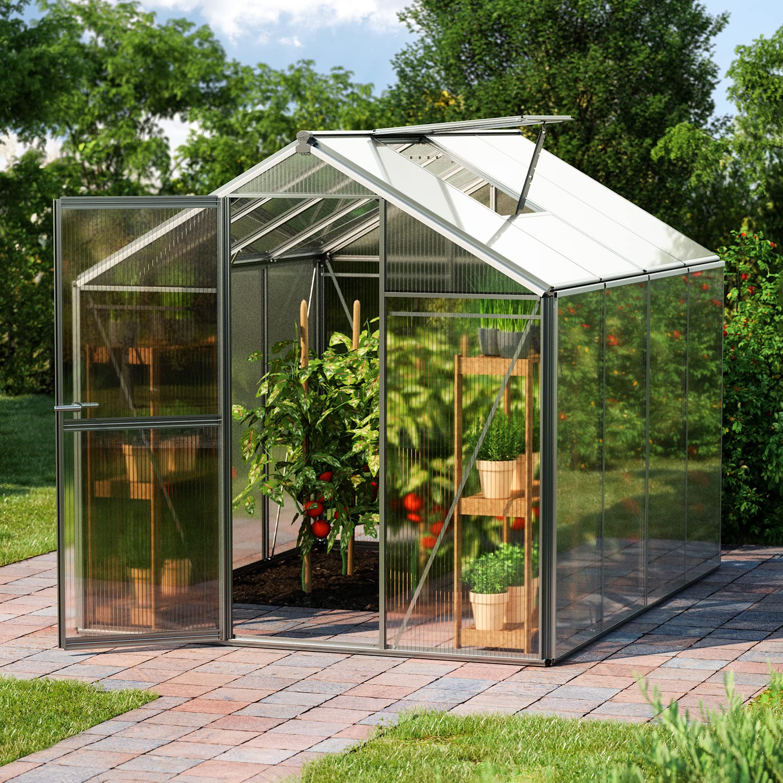 Serra GFP ECO 4 telaio in alluminio 192 x 256 cm, lastre a doppia parete di 8 mm, con apri-finestra automatico e telaio di fondazione
