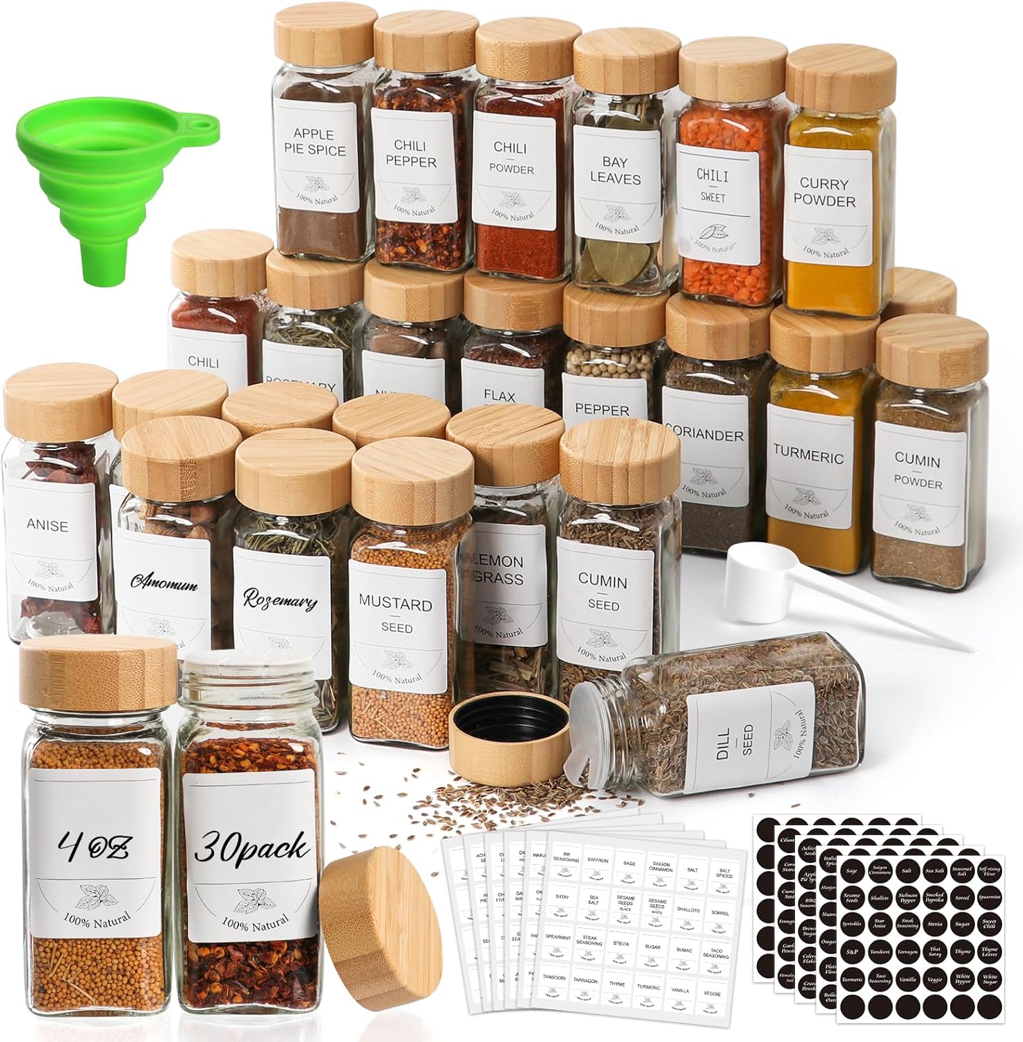 30 Pack 4 oz Glass Spice Jars with Bamboo Lids, Empty Square Spice Containers with 319 Blank?Printed Spice Labels, Collapsible Funnel for Kitchen Cabinet, Spice Rack 4 OZ - 30 Pack