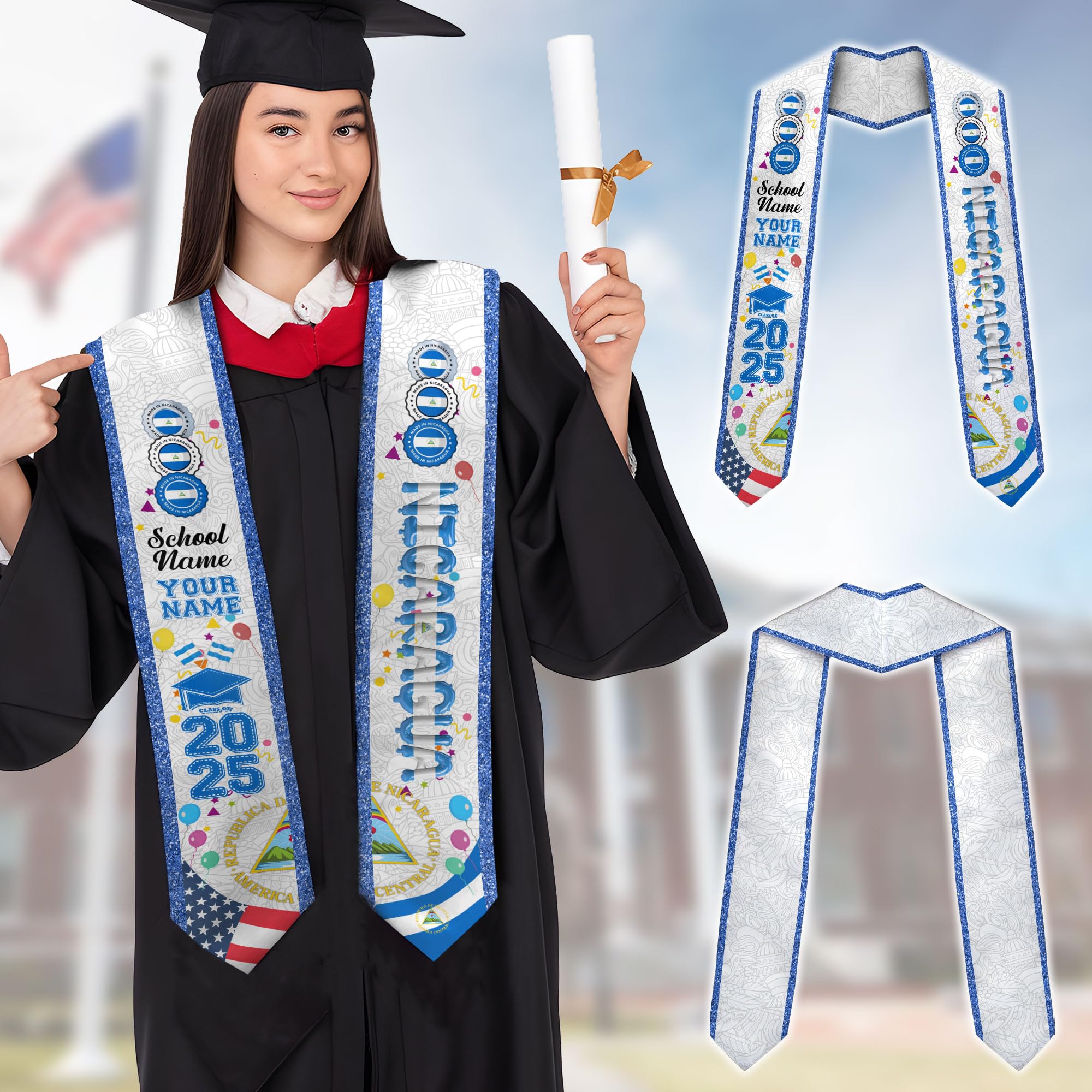 MonkeyVan Custom Nicaraguans Graduation Sash 2025, Nicaragua Graduation Stole, Nicaraguans American Flag Graduation Sash 2025 Ncrg 13