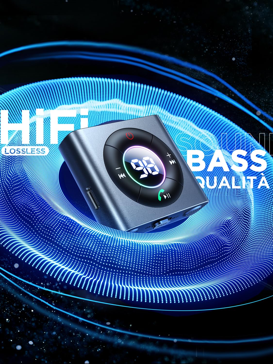 JOYROOM Ricevitore Bluetooth 5.4 Auto Bass Stereo, Jack Aux 3,5mm Chiamate in Vivavoce, 26 Ore Autonomia