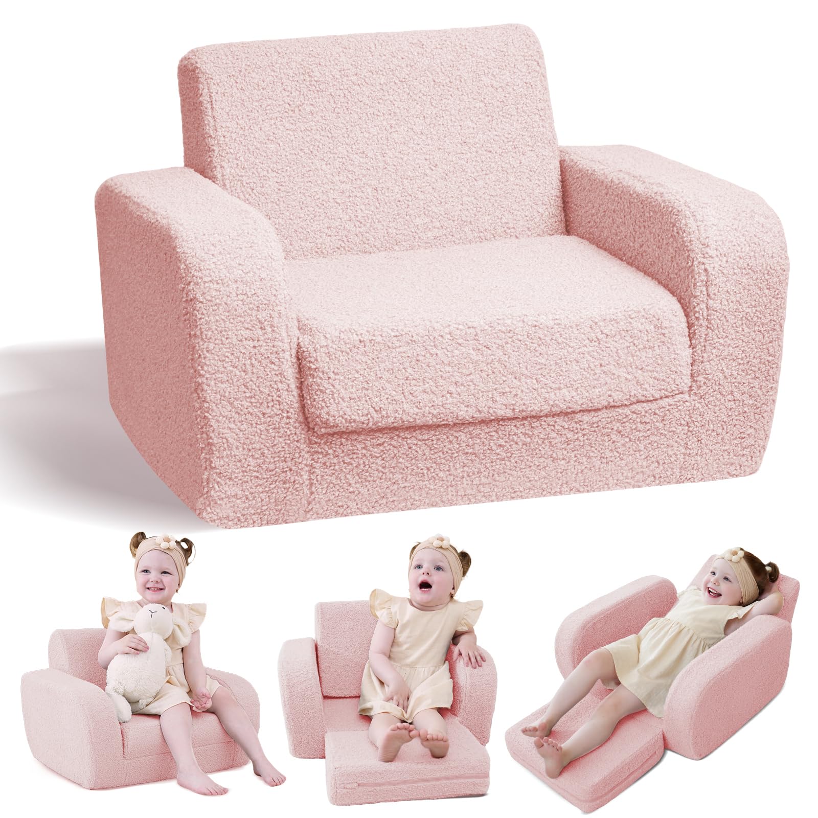 KidBloom 3 in 1 Fauteuil Enfant, Rose Canape Enfant en Tissu Sherpa, Meuble Enfants pour Filles