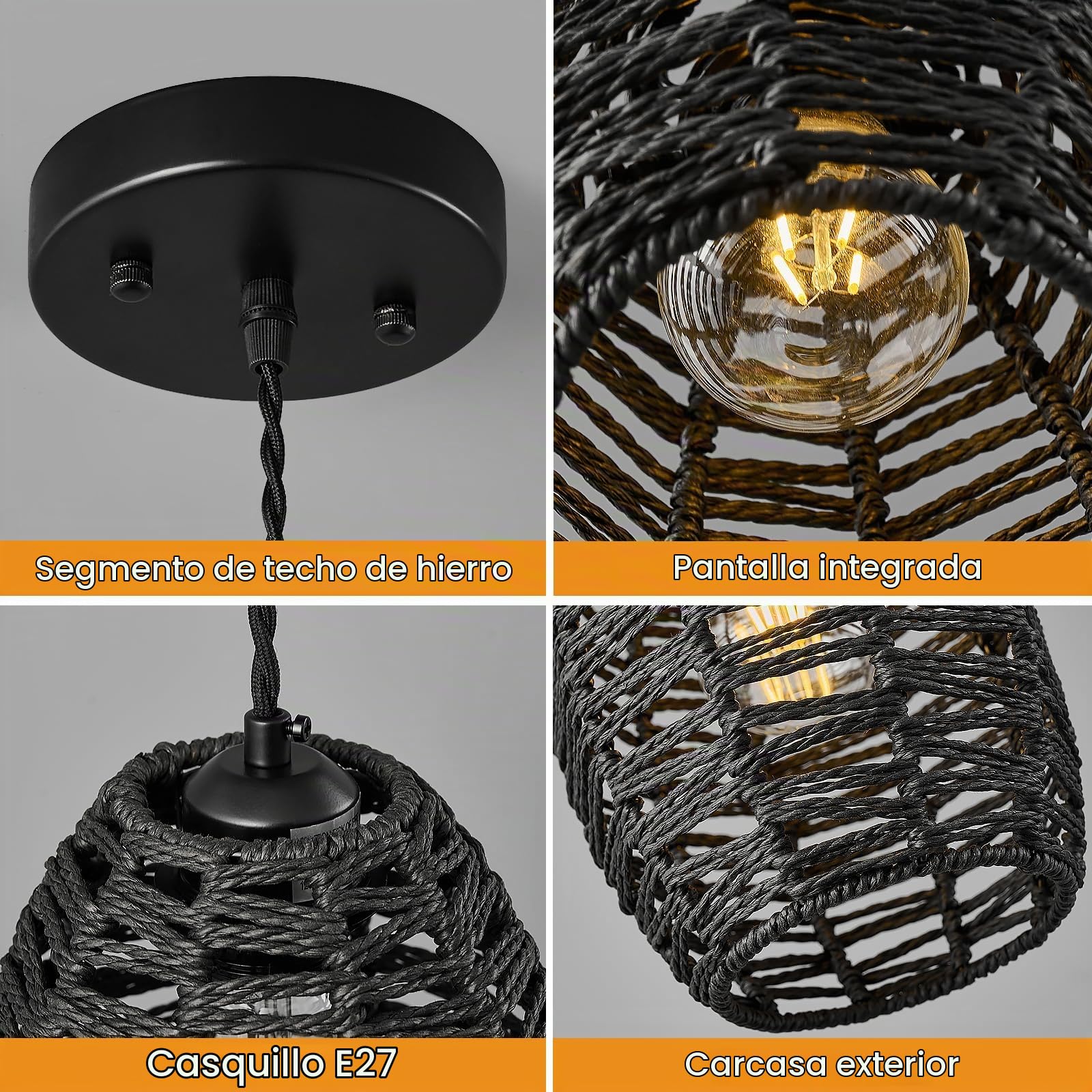 Lámpara Araña de Ratán Negro para Isla Cocina, Altura Ajustable, Estilo Bohemio E27 Cesta de Sala de Estar Granja (1-Paquete)