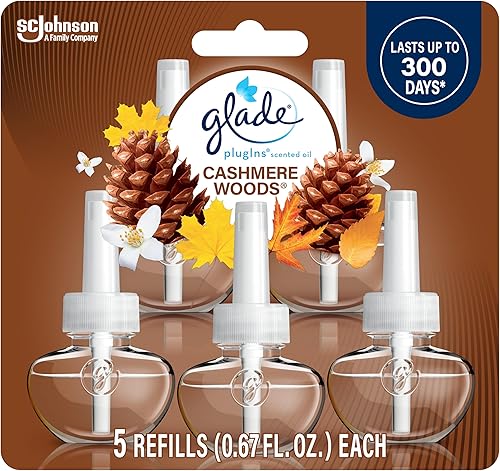 Glade PlugIns - Recambios de ambientador aceites perfumados y esenciales para el hogar y el baño maderas de cachemira 335 onzas líquidas 5 unidades