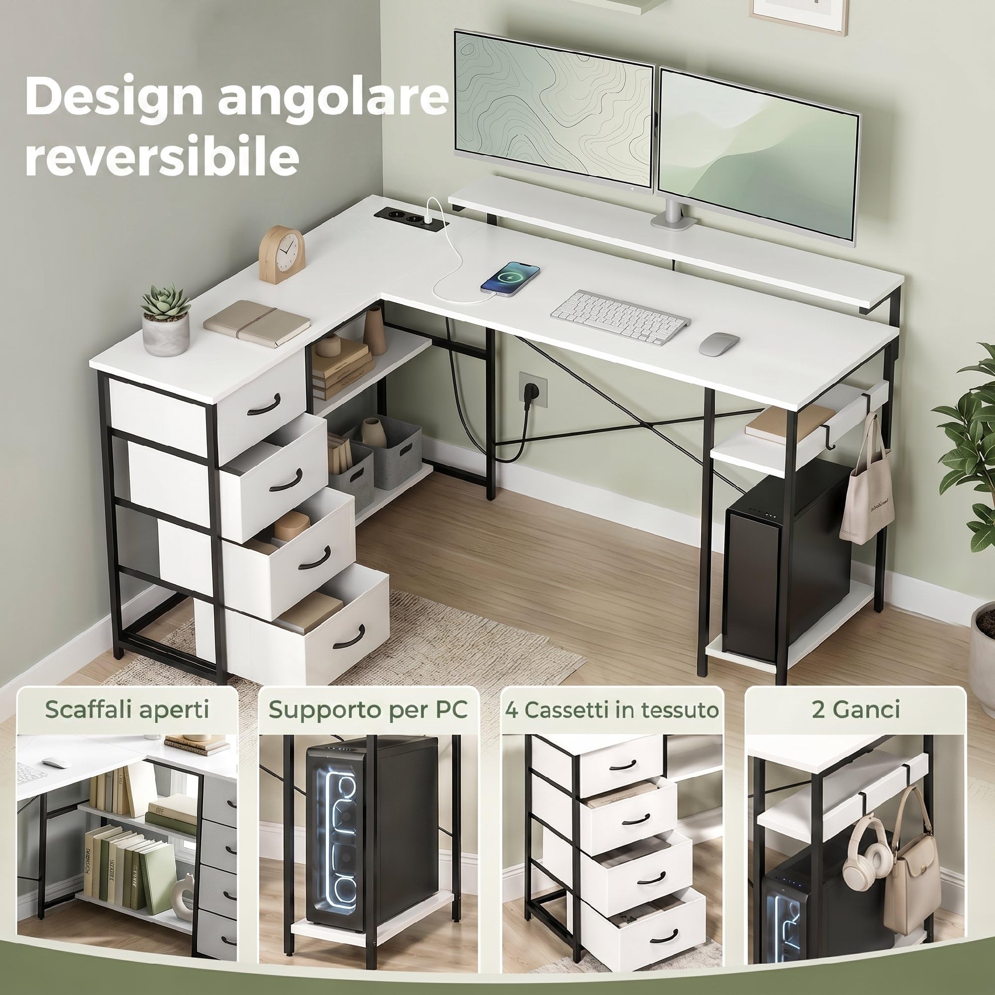 HOMCOM Scrivania Angolare Reversibile Supporto per PC 155x112cm Bianco | Stazione di Ricarica, 4 Cassetti in Tessuto, 2 Ganci, Scrivania ad Angolo, Tavolo ad L per Computer Ufficio Studio