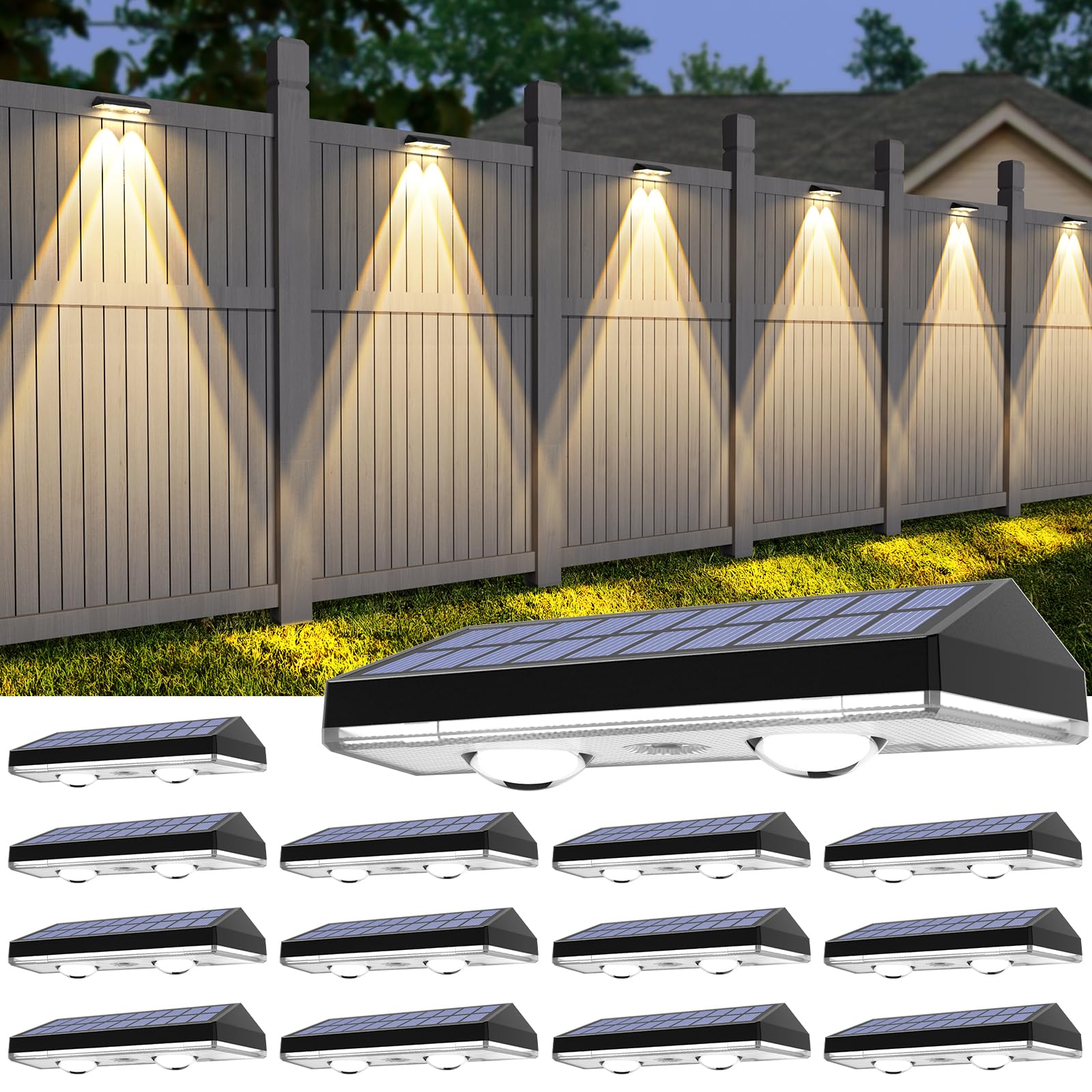 Solar Fence Lights Outdoor, 14 Pack Warm White &amp; RGB 8 Colors Fence Lights Solar Powered Ultra-Bright LED Lens Waterproof Outdoor Solar Lights for Fence, Backyard, Railing, Patio, Wall, Step, Deck