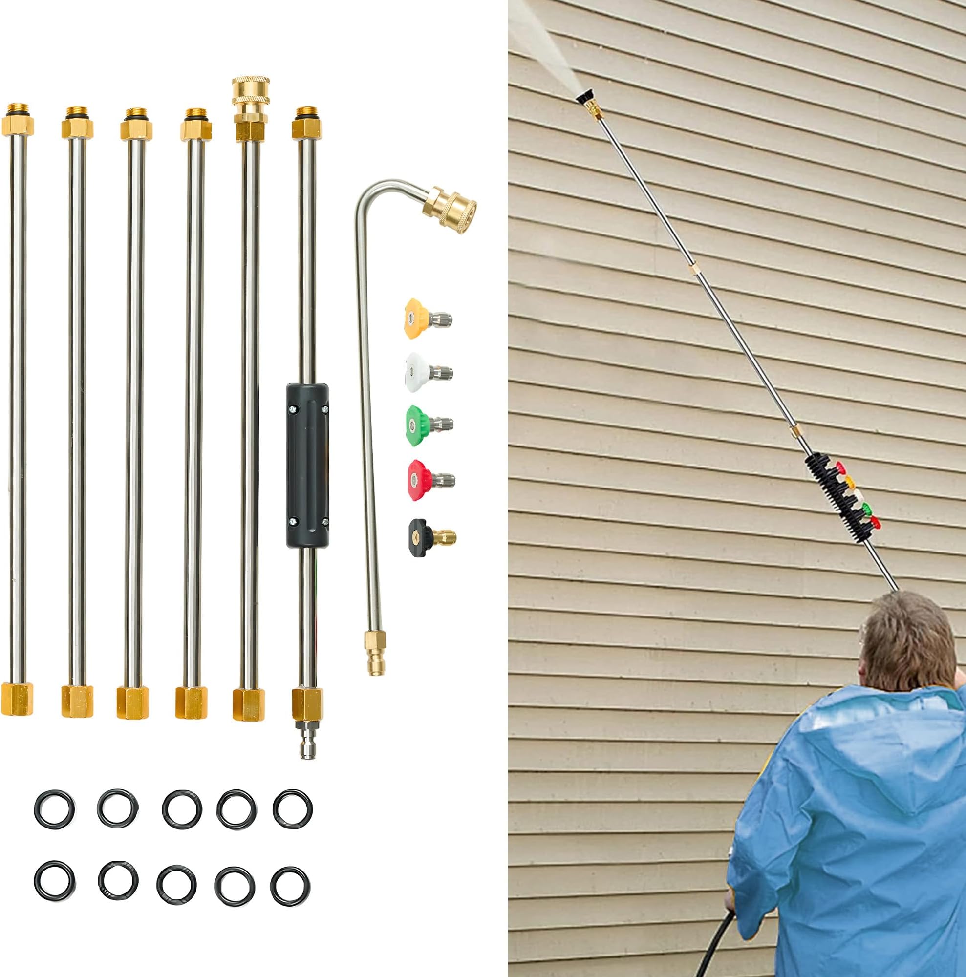 High Pressure Cleaning Machine Extension Rod with 6 Spray Nozzle Tips,30°,90°,120° Curved Rod,7 pcs Set of Extension Rod, 1/4'' Quick Connect, Replacement for Anti-Leaked Ring,4000 PSI (7 Pack)