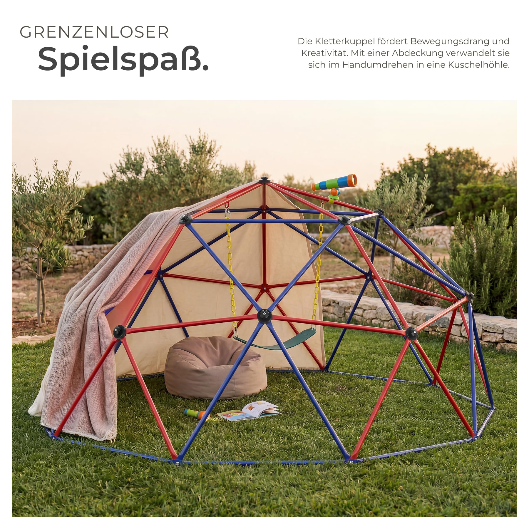 tectake® Klettergerüst mit Schaukel, Ø 305 cm, wetterfest, ab 3 Jahren, bis 200 kg belastbare Kinderspielgeräte, Spielplatz Kletteranlage, Gartenspielturm, Kinderspielplatz Geräte, bunt - mit Schaukel