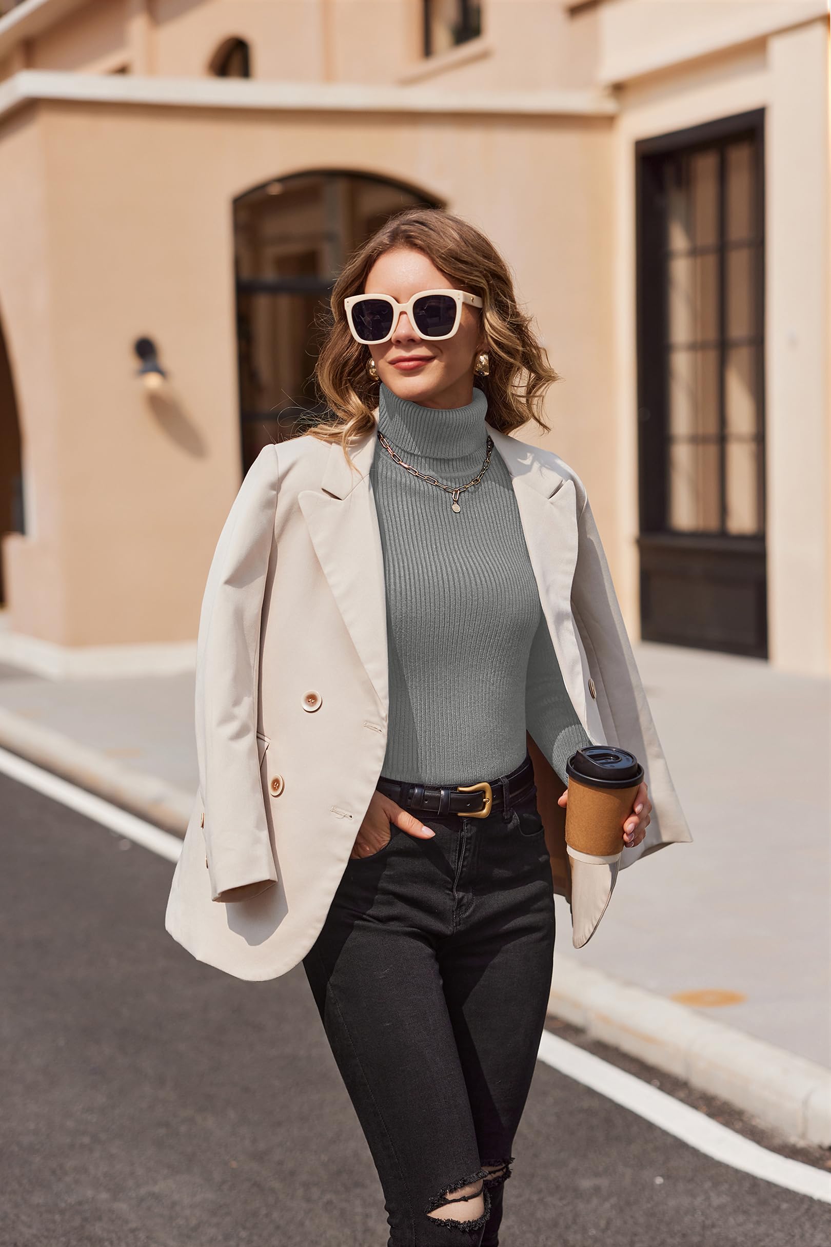 Hotouch Maglione da Donna Elegante Maglia A Collo Alto Maniche Lunghe Leggero Dolcevita Basic Pullover Caldo S-XXL