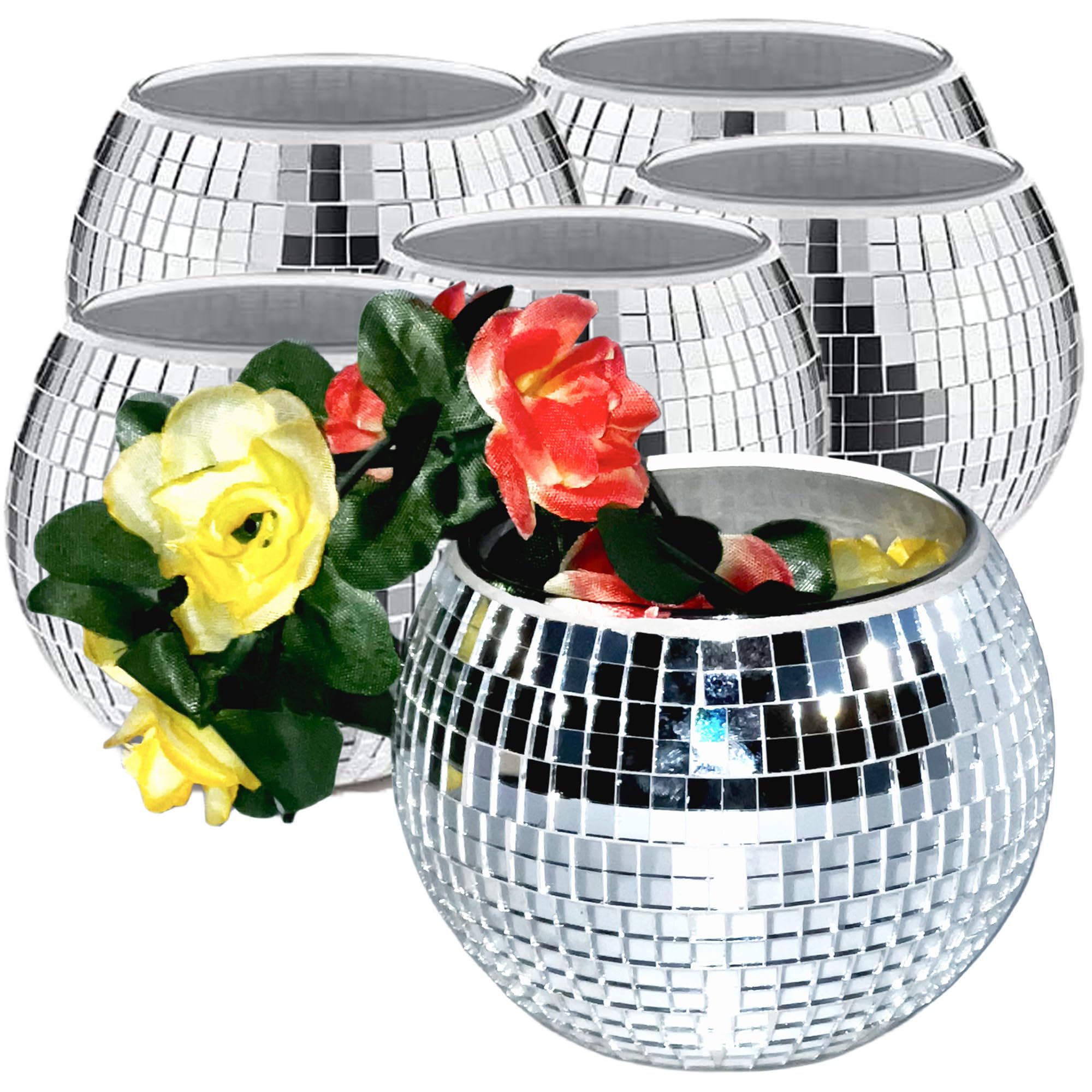 ROSEONE 6 unidades de bolas de discoteca, pequeñas bolas de discoteca, jarrón de bolas de discoteca, maceteros de cristal, decoración para fiestas, oficina, cocina (plata, 4 x 5 x 5 pulgadas)