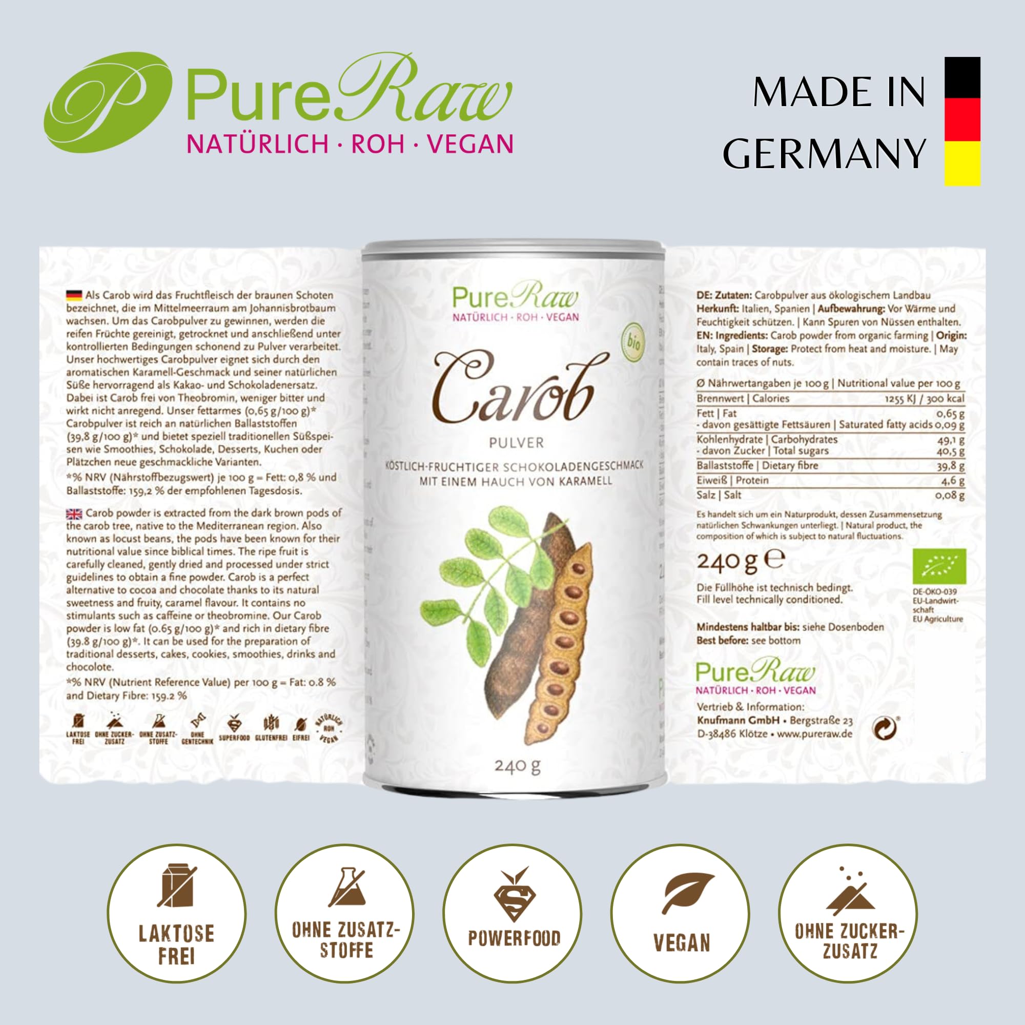 Carobpulver Bio Vegan - Natürliche Süße, Ballaststoffreich, reich an Mineralien, Koffeinfrei - Kakao Alternative für Trinkschokolade ohne Zucker - Johannisbrot Pulver Bio, Carob Powder I PureRaw 240g