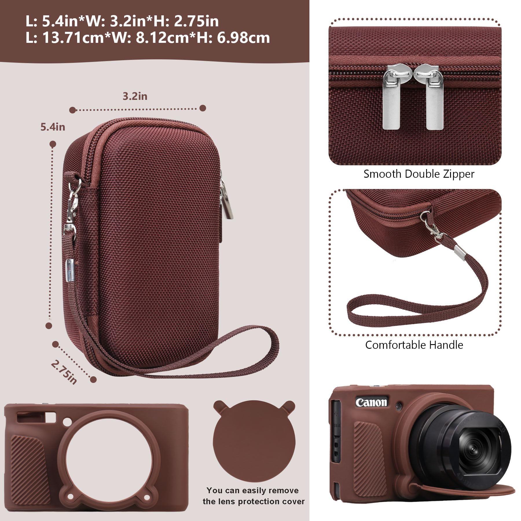 SX740 HS Kamera Fall Bundle, Schließen Sie Harte Tragetasche*1 + Silikon Kamera Case*1 EIN, Kompatibel mit Canon PowerShot SX740/SX730 HS Digitalkamera, Hüllen mit weichem Silikonhülle, Braun