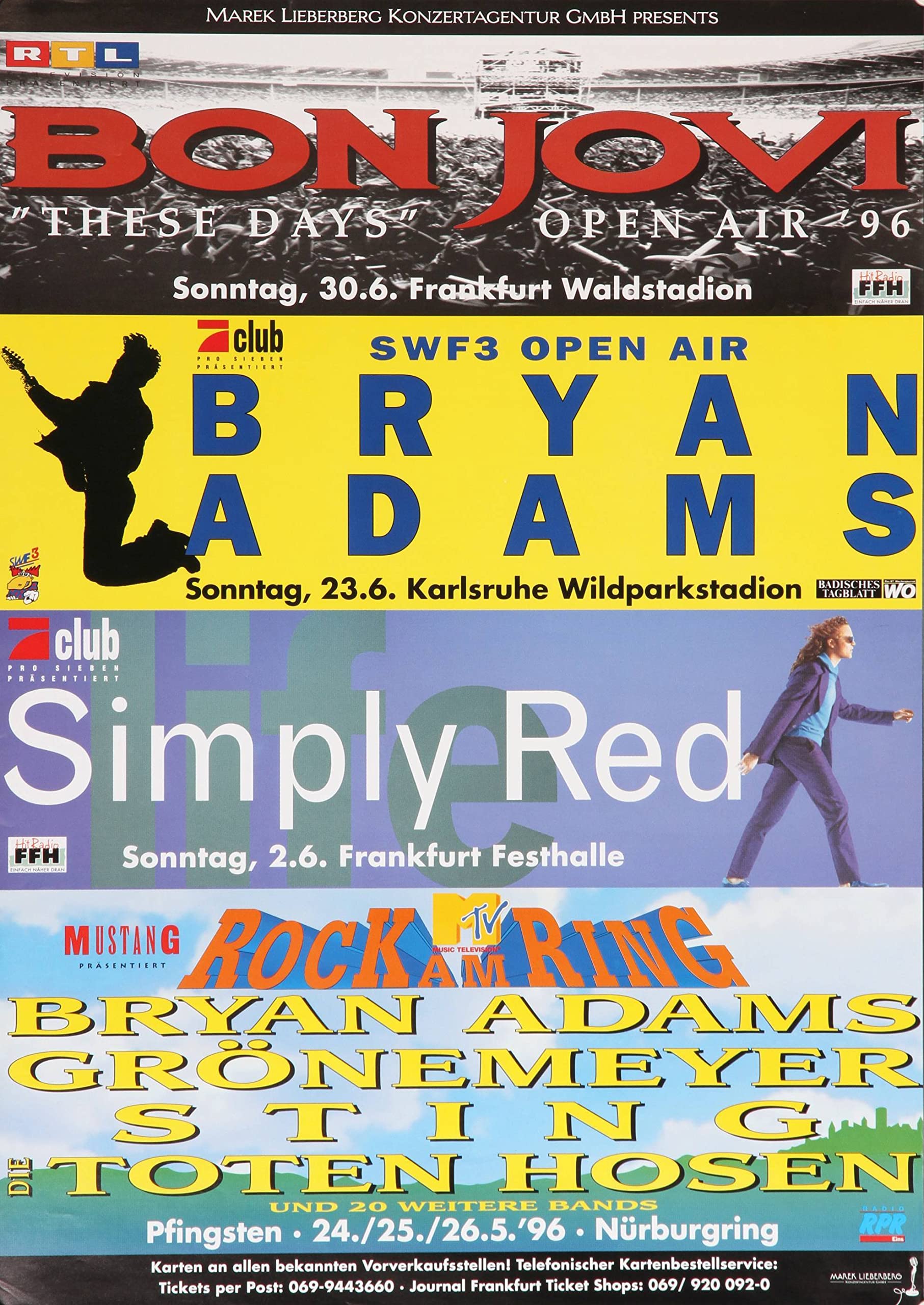 Premium Poster/Plakat | DIN A1 | Wanddeko | Live Konzert Veranstaltung » Konzert - Vorschau 1996 - Bon Jovi, Bryan Adams, Simply Red, RAR 1996, All The Towns 1996 «