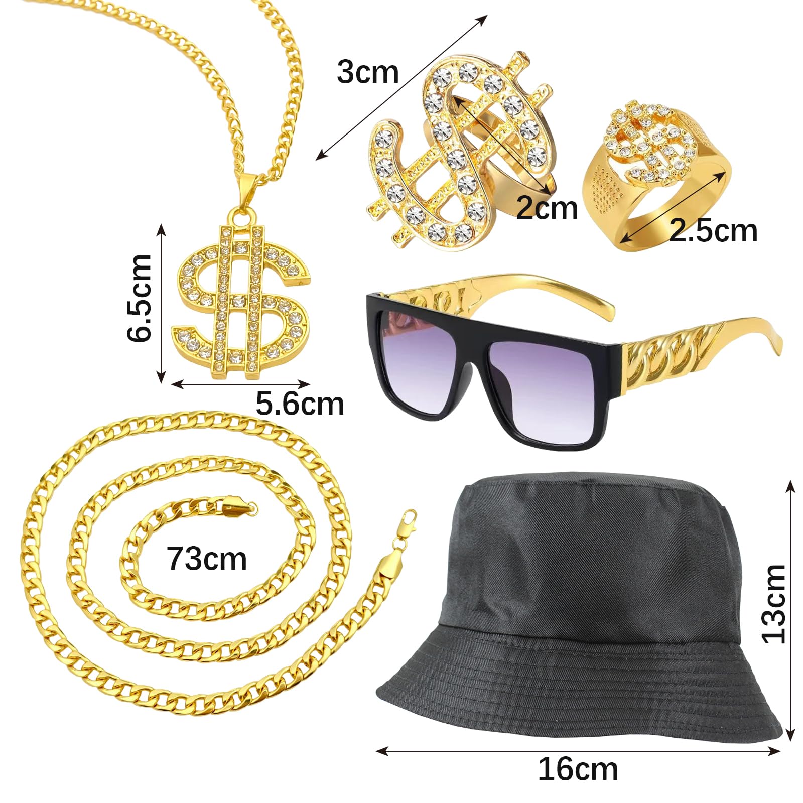 6PCS Hip Hop Costume kit CHUNLINLAODA-80s 90s Hip Hop Fancy Dress Rapper Fancy Dress Accessories with Fake Dollar Sign Necklace Hip Hop Ring Hippie Glasses Bucket Hat for Women Men (Gold) - Image 2