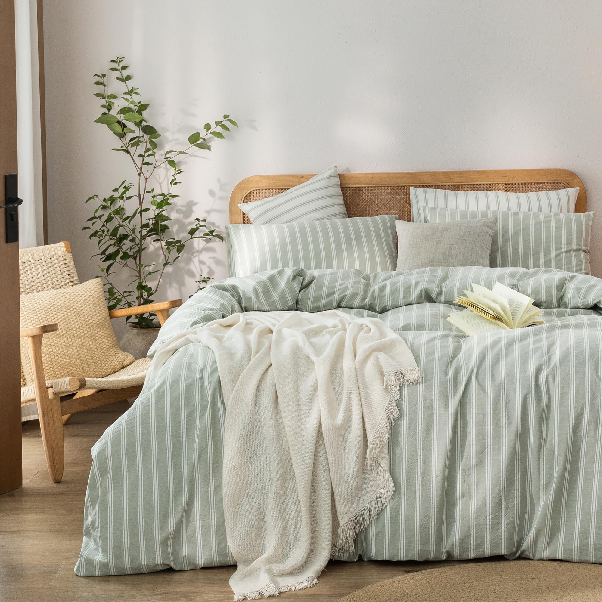 BESTOUCH Striped Cotton Duvet Cover Set Linen Feel Alaska King