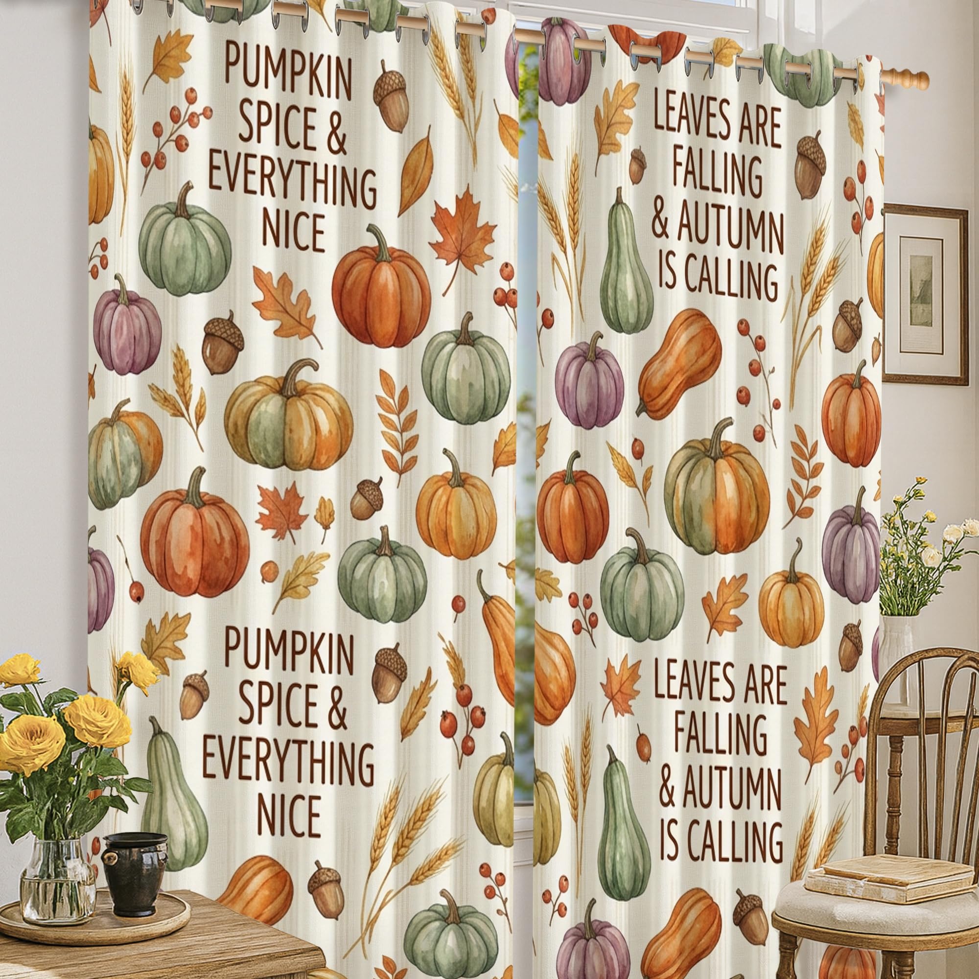 Rideaux occultants thermiques anti-lumière avec motif citrouilles rustiques 132x160 cm