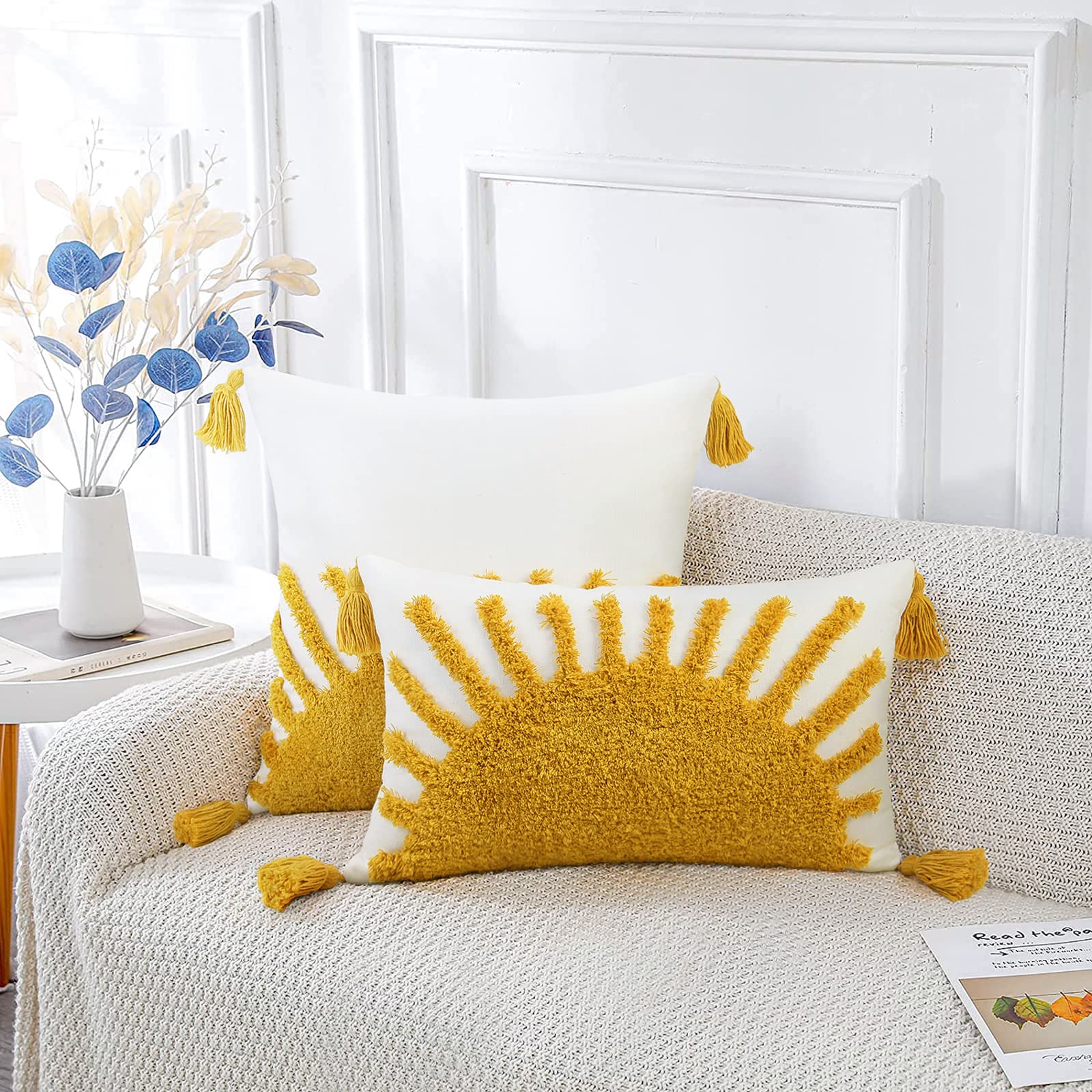 GreenCertified Guaranteed 100 Authentic satisfaction guarantee Yellow and Blue Throw Pillows