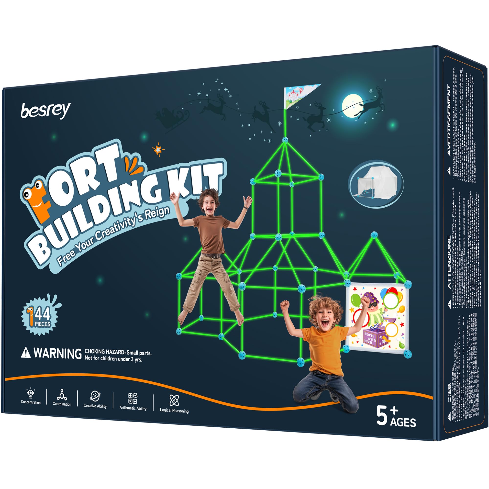 besrey 144 Pz Kit Costruzioni del Forte per Bambini con Gioco di Lancio, Brilla al Buio - Regalo di Natale per bambini,Creative Forts per Ragazzi 5 anni+, Tunnel Gioco per Bambini, Castello, Tenda