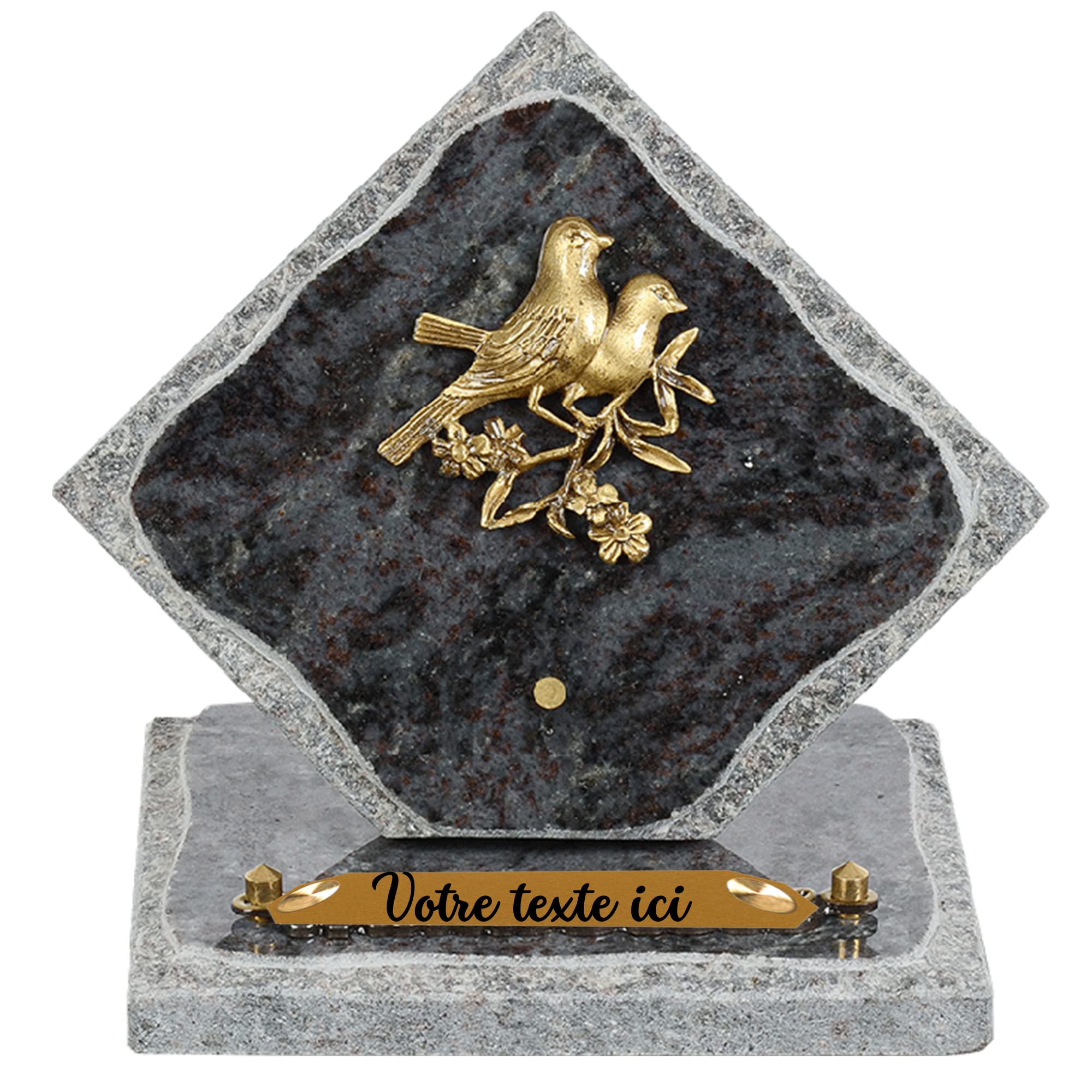 Plaque funéraire personnalisée losange - Granit - assemblée en France - bronze oiseaux - H 15 X L 15 cm - 1 texte
