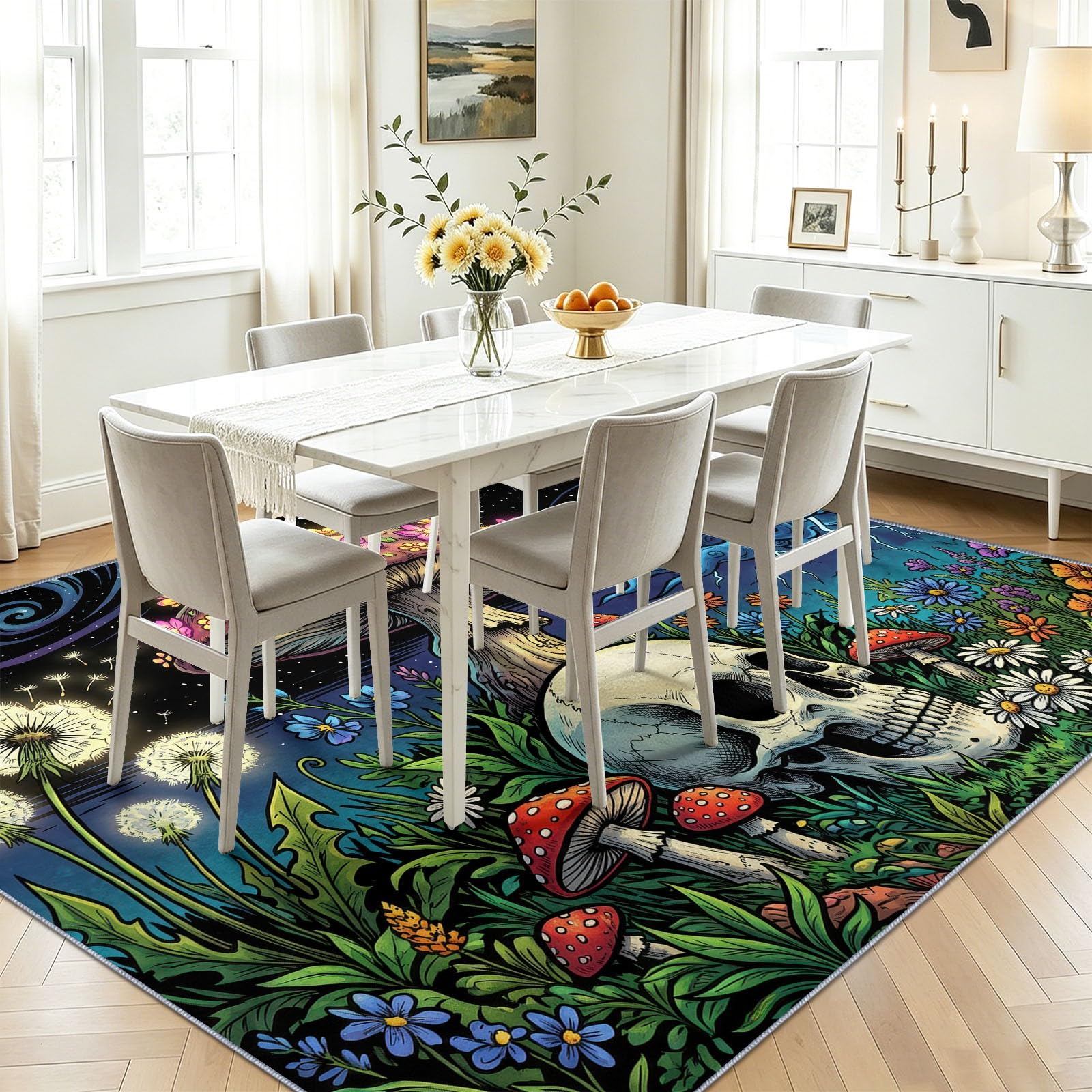 Tapis de Sol Jardin Gothique - Lavable en Machine Antidérapant Tapis à Poils Courts - Crâne Champignon Fleur Sauvage - Doux Moquette pour Chambre Salon Salle a Manger Bureau Bleu Vert 90x150 cm