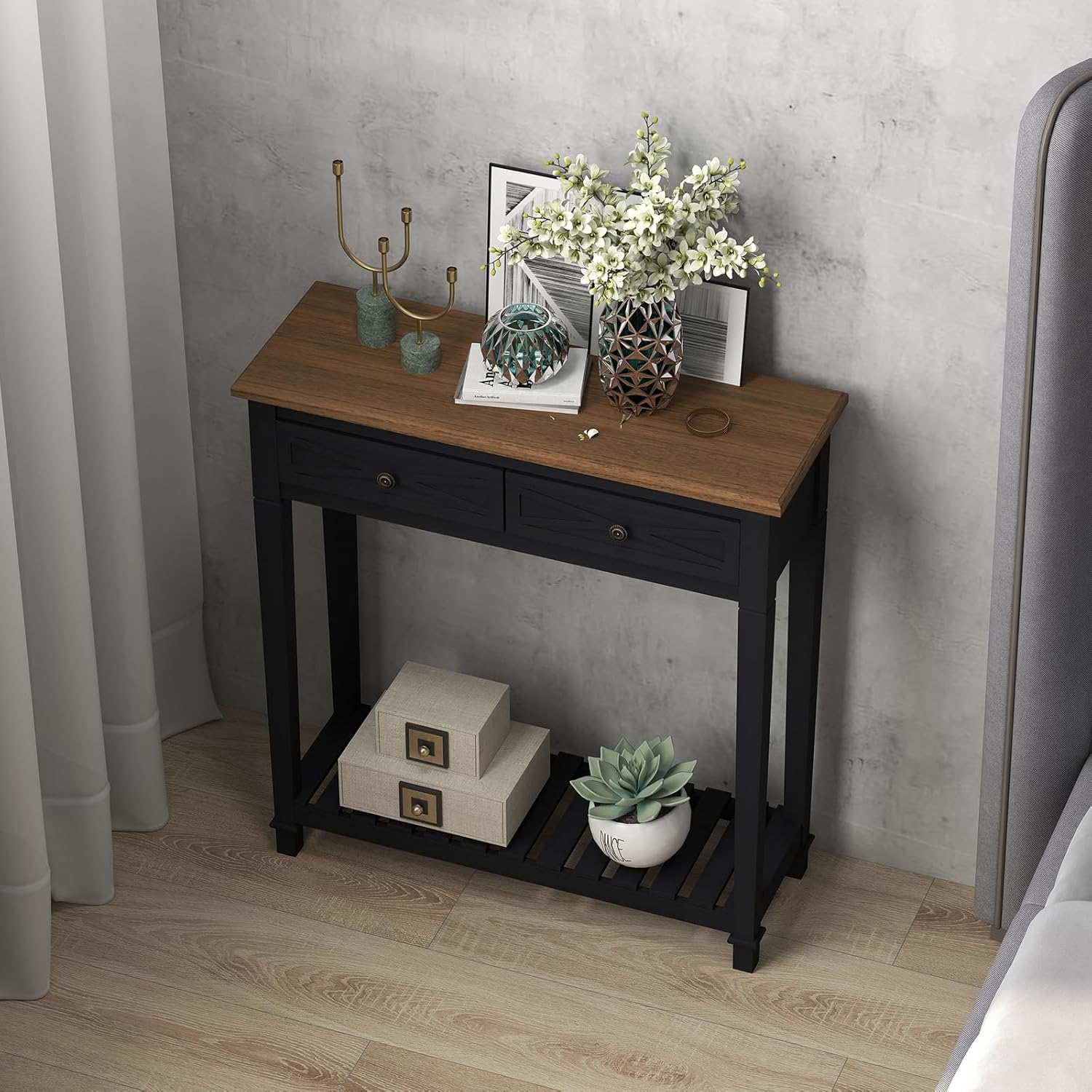 kinbor Narrow Console Table with Shelf ＆ Drawers Small Entryway Table Hallway Table for Entryway Living Room Bedroom Foyer Office Black