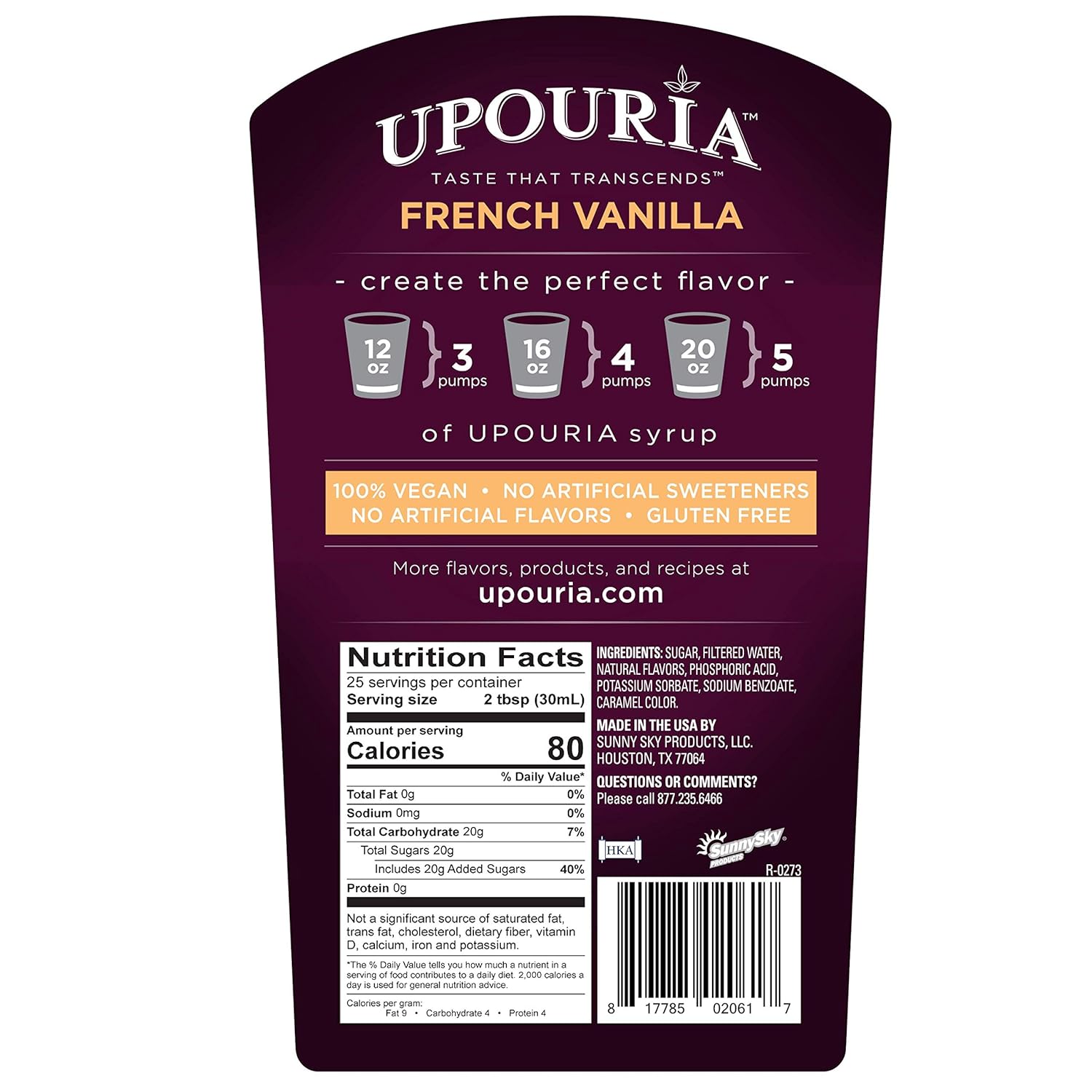 Upouria French Vanilla Coffee Syrup Flavoring, 100% Vegan, Gluten-Free, Kosher, 750 mL Bottle (Pack of 4) with 2 Syrup Pumps