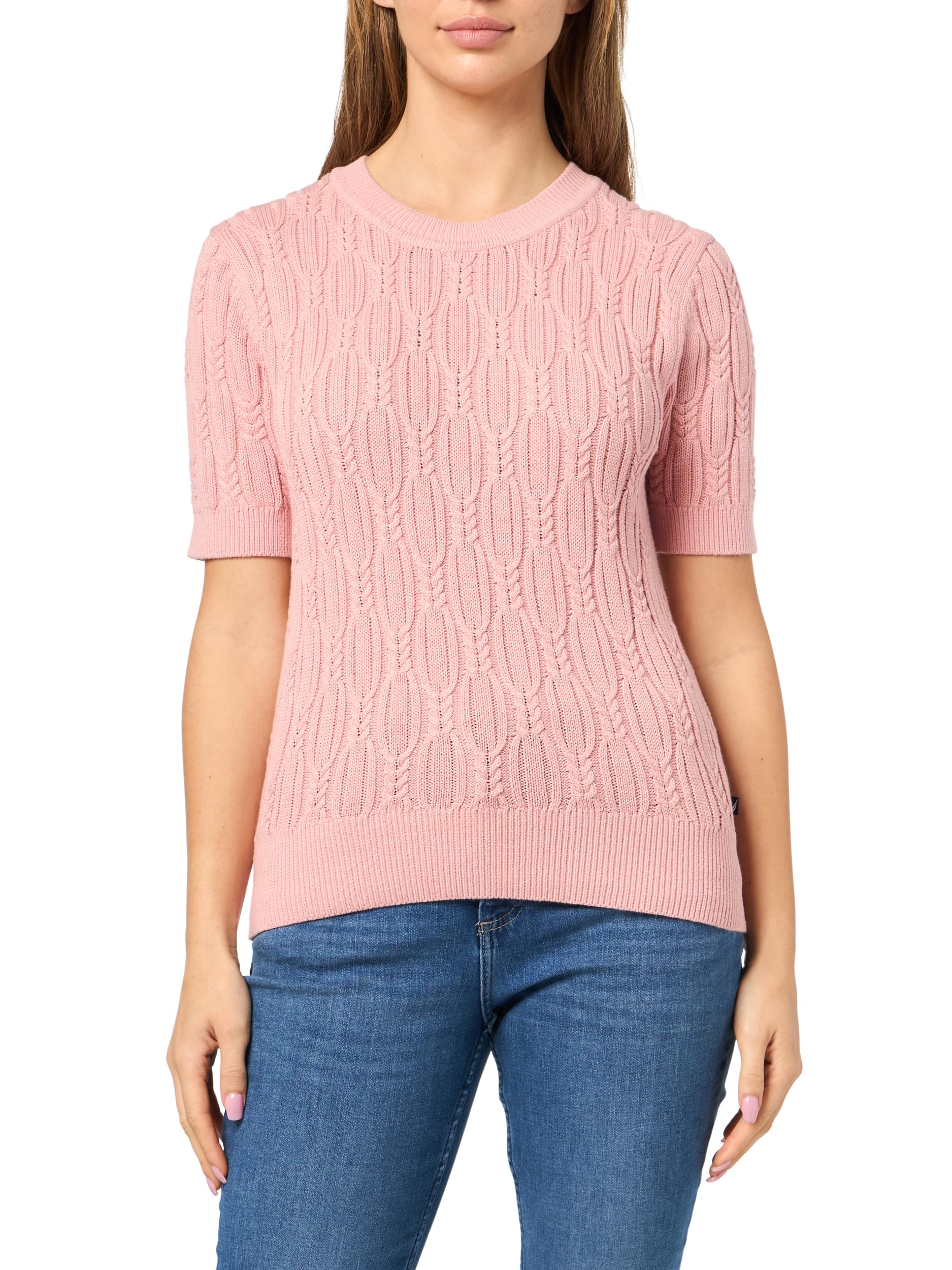 Nautica Women's Short Sleeve Crew Neck Cable Solid Sweater