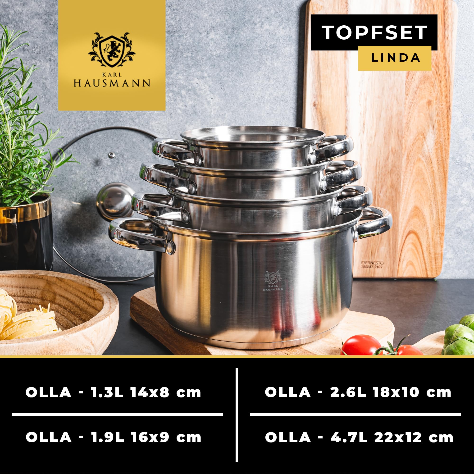 KARL HAUSMANN Juego de Ollas Acero Inoxidable - 4 Partes - Bateria de Cocina de Acero Inoxidable con Tapas de Vidrio - Apta para induccion, Gas y Vitrocerámica - Set Ollas