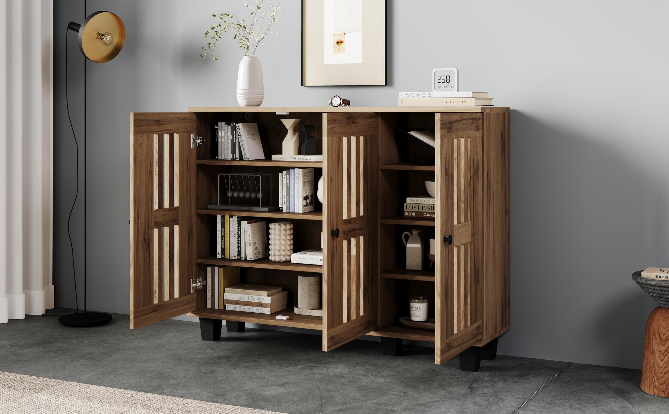 Grande armadio laterale a 3 ante con 8 ripiani, salvaspazio per soggiorno, camera da letto e ufficio, effetto legno naturale (120 x 32 x 92 cm)