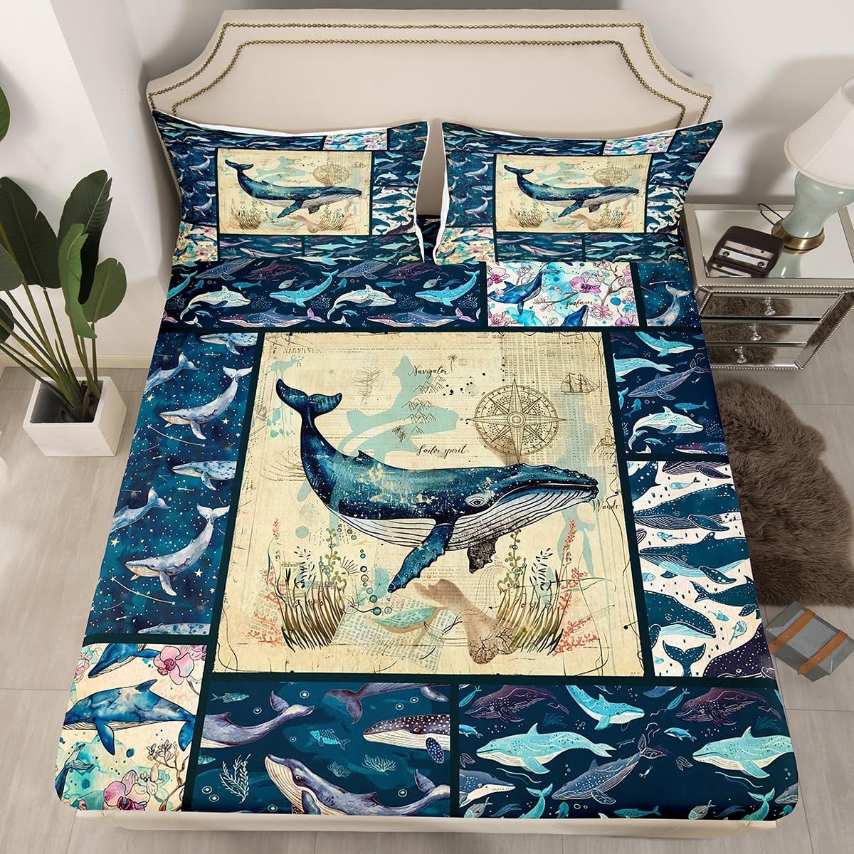 Whale Sheet Set Twin, Retro Nautical Theme Bed Sheets Bedroom Decor, Marine Life Flat Sheet, Colorful 3D Whales Fitted Sheet, Coastal Sea Animals Top Sheet Ocean Park Theme, 3Pcs with 1 Pillowcase