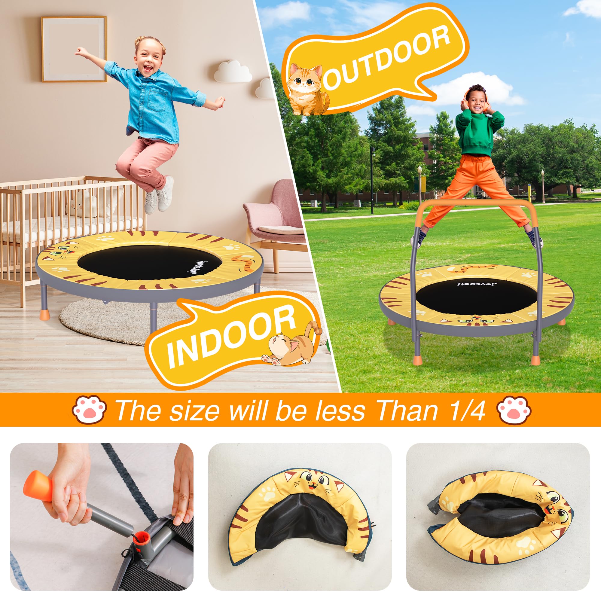 JOY SPOT! Kinder Trampolin Indoor, Ø91 cm Minitrampolin mit Haltegriff, Fitness Trampolin bis 45 kg belastbar, Gartentrampolin Outdoor für Kinder 3-8 Jahren (Mehrfarbig/Katze/Einhorn/3 Abenteurer)