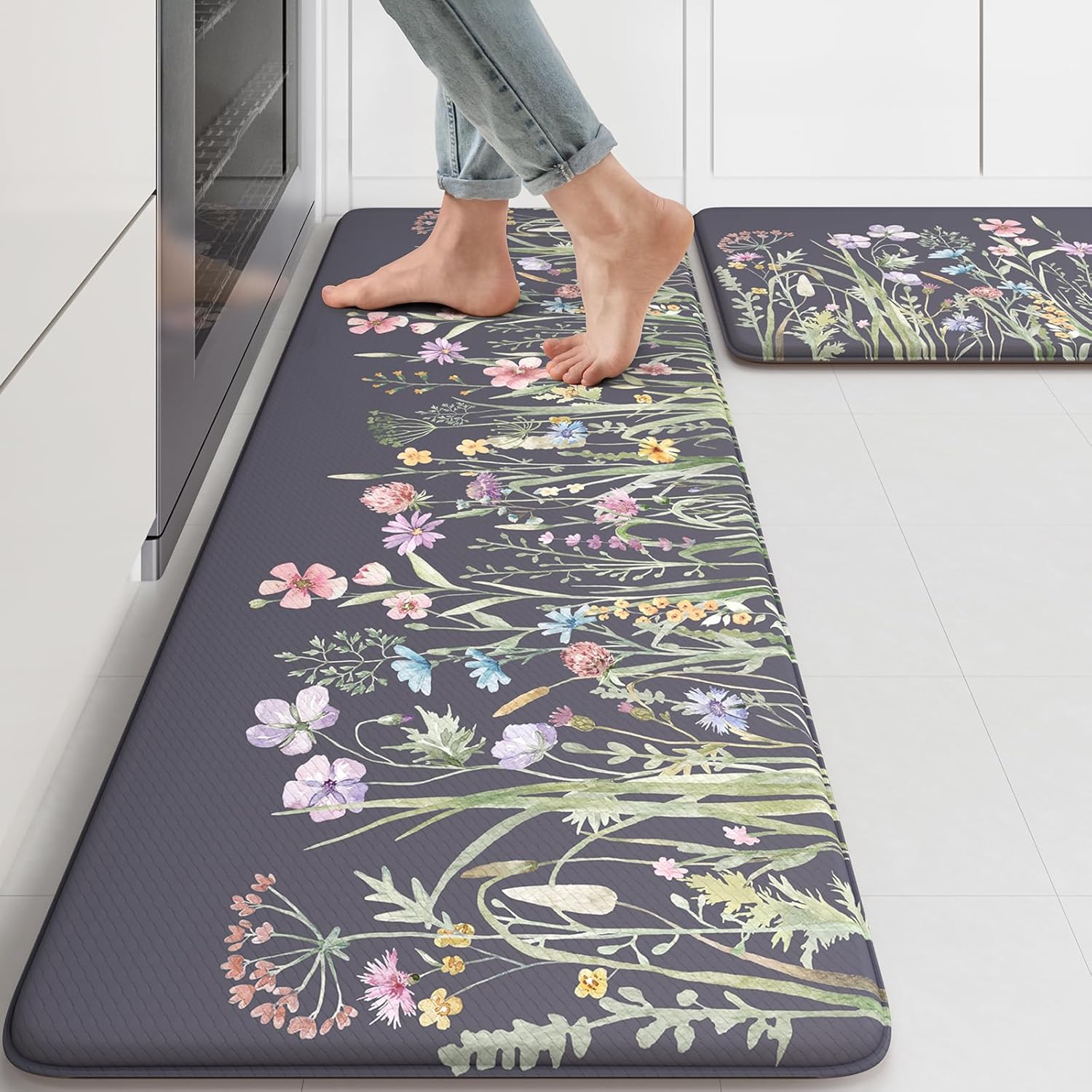 KIMODE Anti Fatigue Kitchen Mat, Farmhouse Floral Kitchen Rugs, Kitchen Floor Mats Non-Slip,Comfort Kitchen Mats for Floor Sink, Laundry, Office, Desk Dark Grey/Purple 17″x47″+17″x29″ KIMODE Anti Fatigue Kitchen Mat, Farmhouse Floral Kitchen Rugs, Kitchen Floor Mats Non-Slip,Comfort Kitchen Mats for Floor Sink, Laundry, Office, Desk Dark Grey/Purple 17″x47″+17″x29″