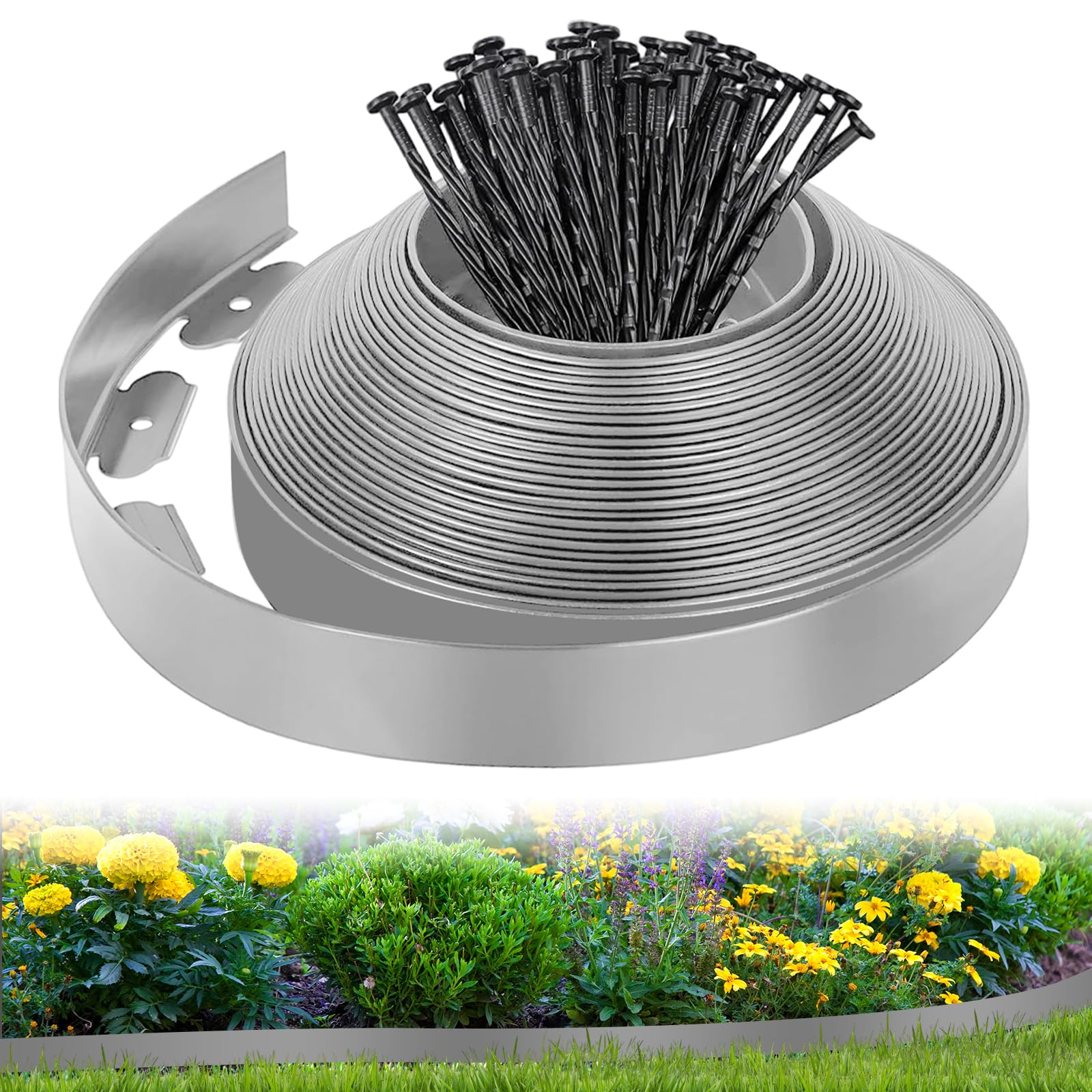 Bordo flessibile per prato, in plastica, 10 m x 5 cm, con 50 picchetti, idea da giardino per giardini, aiuole e sentieri di cortile, grigio