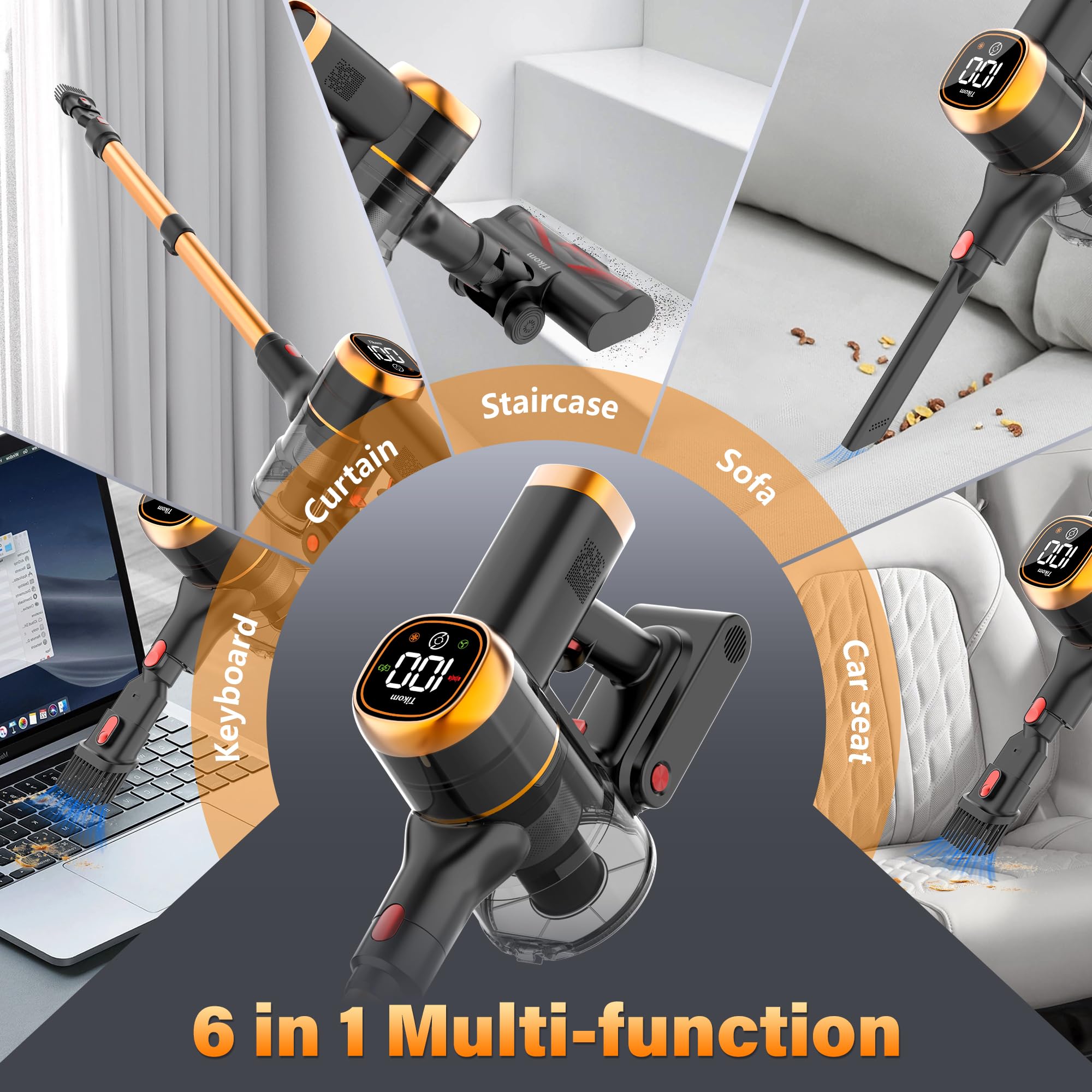 Tikom V500 Cordless Vacuum Cleaner for Home, 40000Pa/450W Stick Vacuum with LED Touch Screen, Charging Wall Dock, Anti-Tangle, Lightweight Handheld Vacuum for Pet Hair, Hard Floor, Carpet view 5