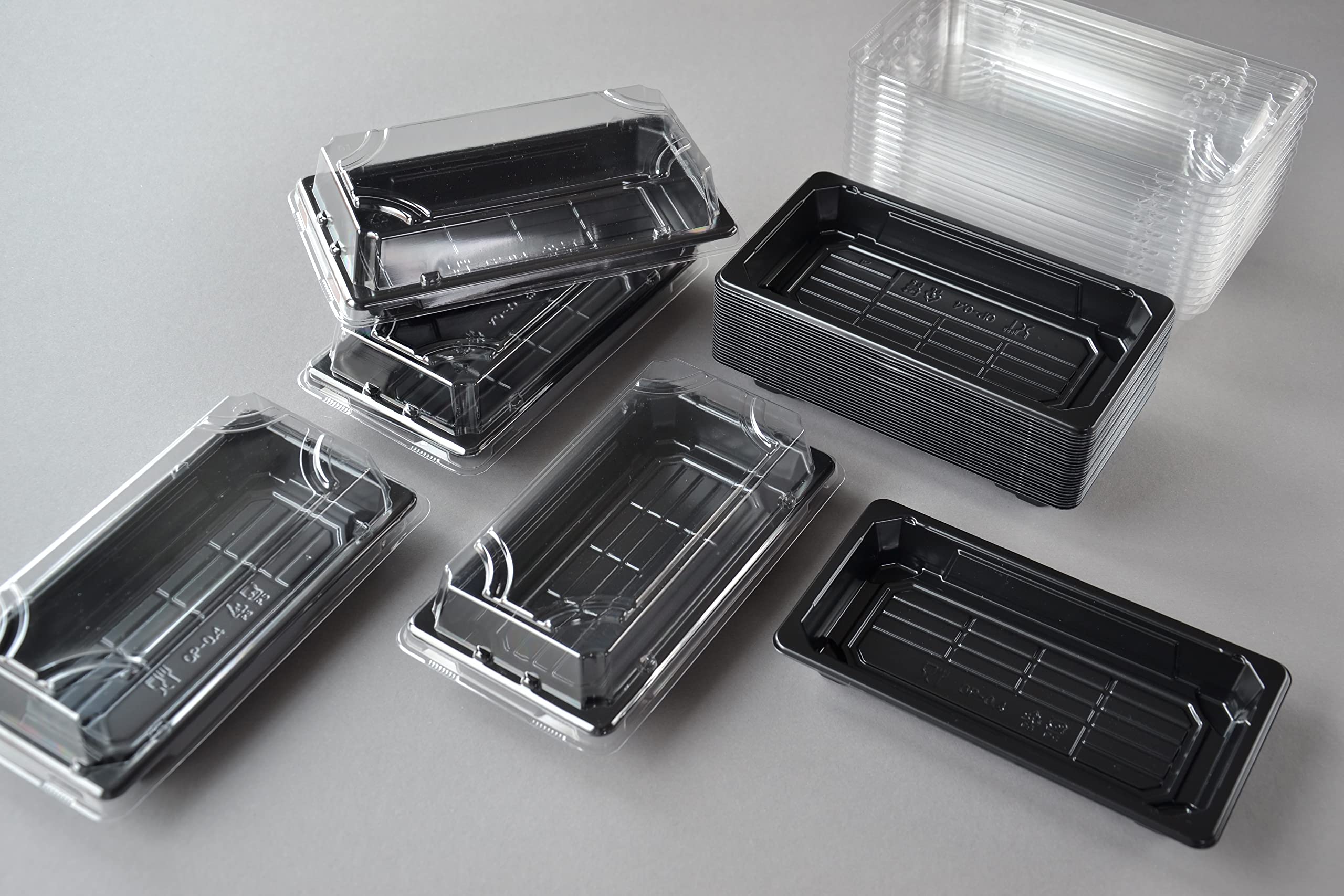 400 Stück Sushi Schalen OP 0.4 mit Deckel (168×93×31 mm) Sushibox Sushi-Verpackung Tray Take Away Box Schale, Schale-Schwarz, Deckel-Transparent