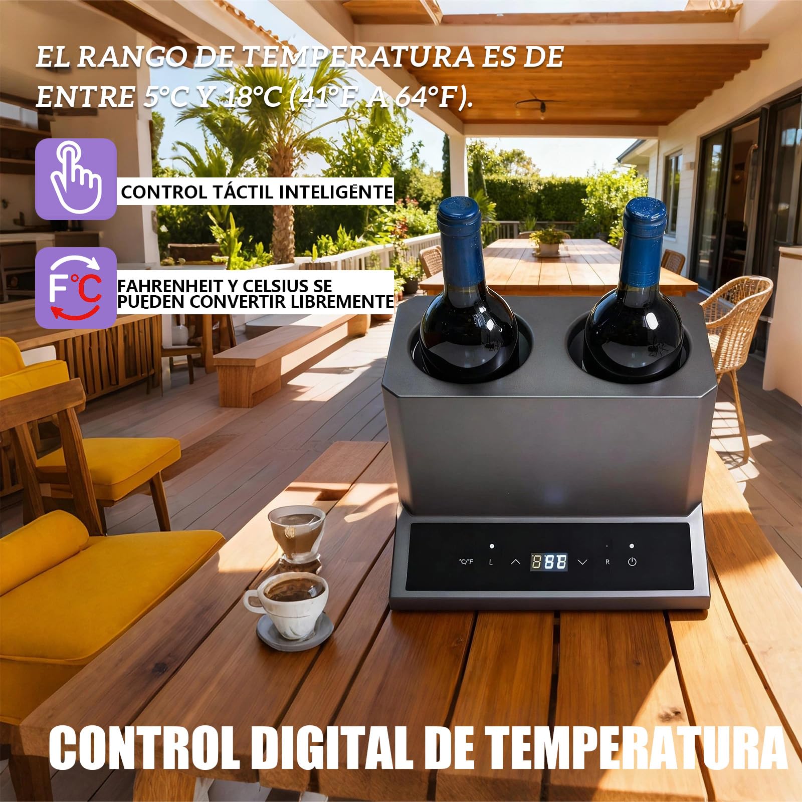 Enfriador de vino eléctrico de doble botella, enfriador de 2 botellas para vino y champán estándar de 750 ml, acero inoxidable con control táctil, refrigeración 24 horas para cocina, bar, fiesta