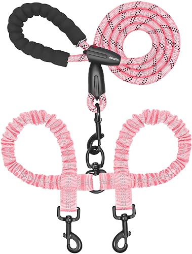 iYoShop Double Dog Leash, 360° Swivel, No Tangle, Large, Baby Pink