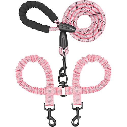 iYoShop Dual Dog Leash - 360° Swivel, No Tangle Walking Leash with Shock Absorbing Bungee for Two Dogs (Large, 25-150 lbs, Baby Pink)