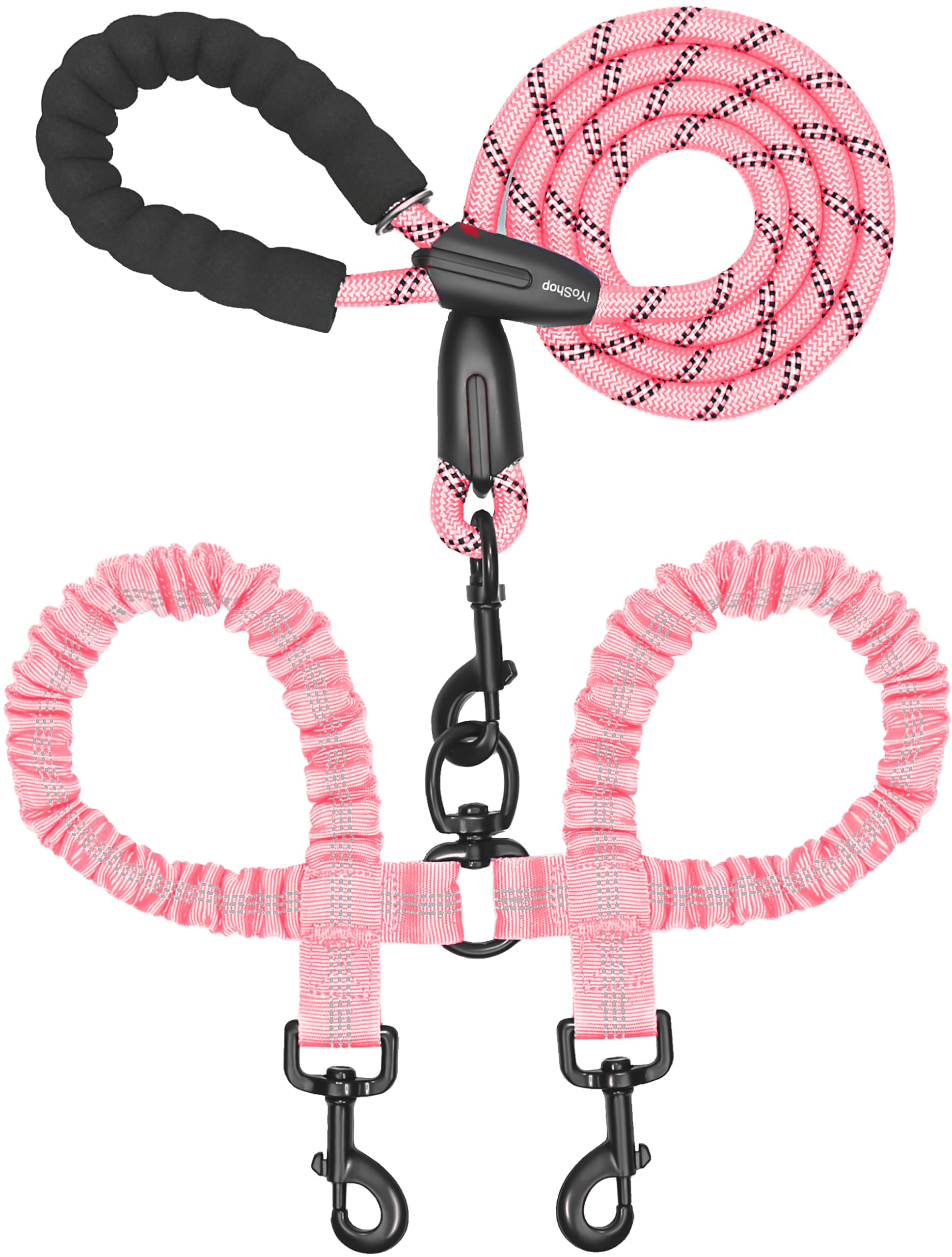 iYoShop Double Dog Leash, 360° Swivel, No Tangle, Medium, 8-35LB, Baby Pink