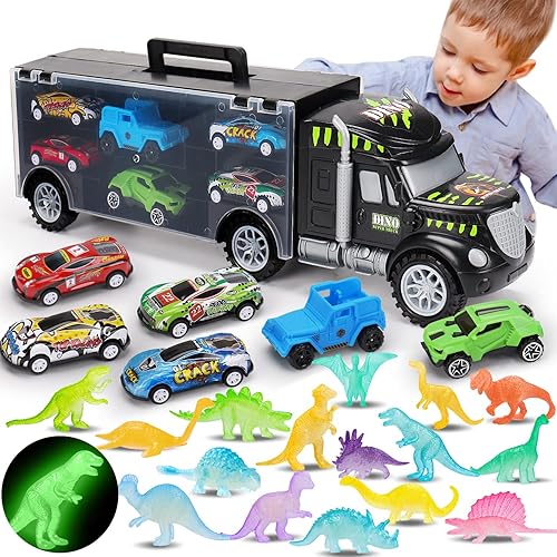 Qirptey Camión de transporte de dinosaurios con 16 figuras de dinosaurios brillantes y 6 autos, camiones de juguete para niños de 3 a 7 años, estilo