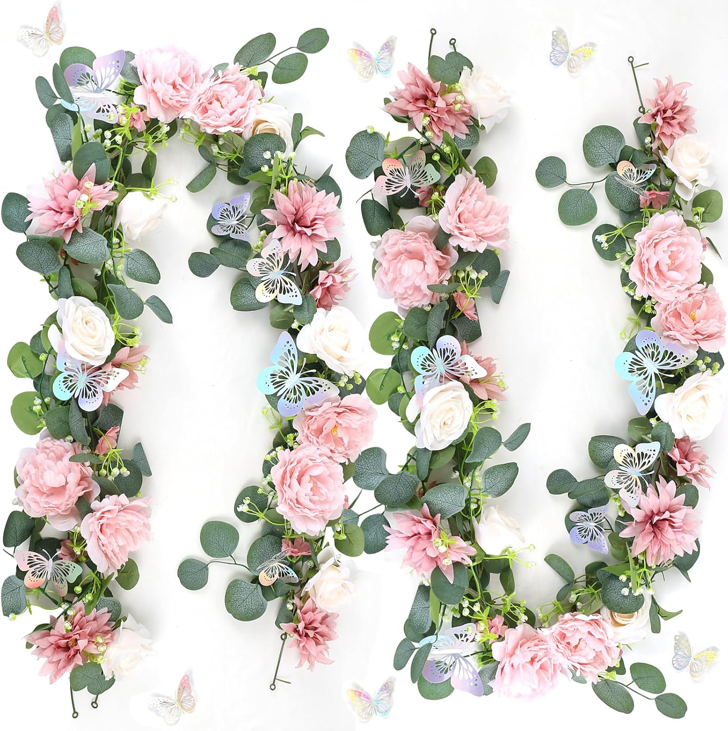 Yastouay 6.6 Ft White Flower Garland With 3D Butterfly, Artificial Eucalyptus Garland With Flowers Fake Rose Vine For Table Centerpiece Wedding Arch Baby Shower Party Room Backdrop Decor - View #6